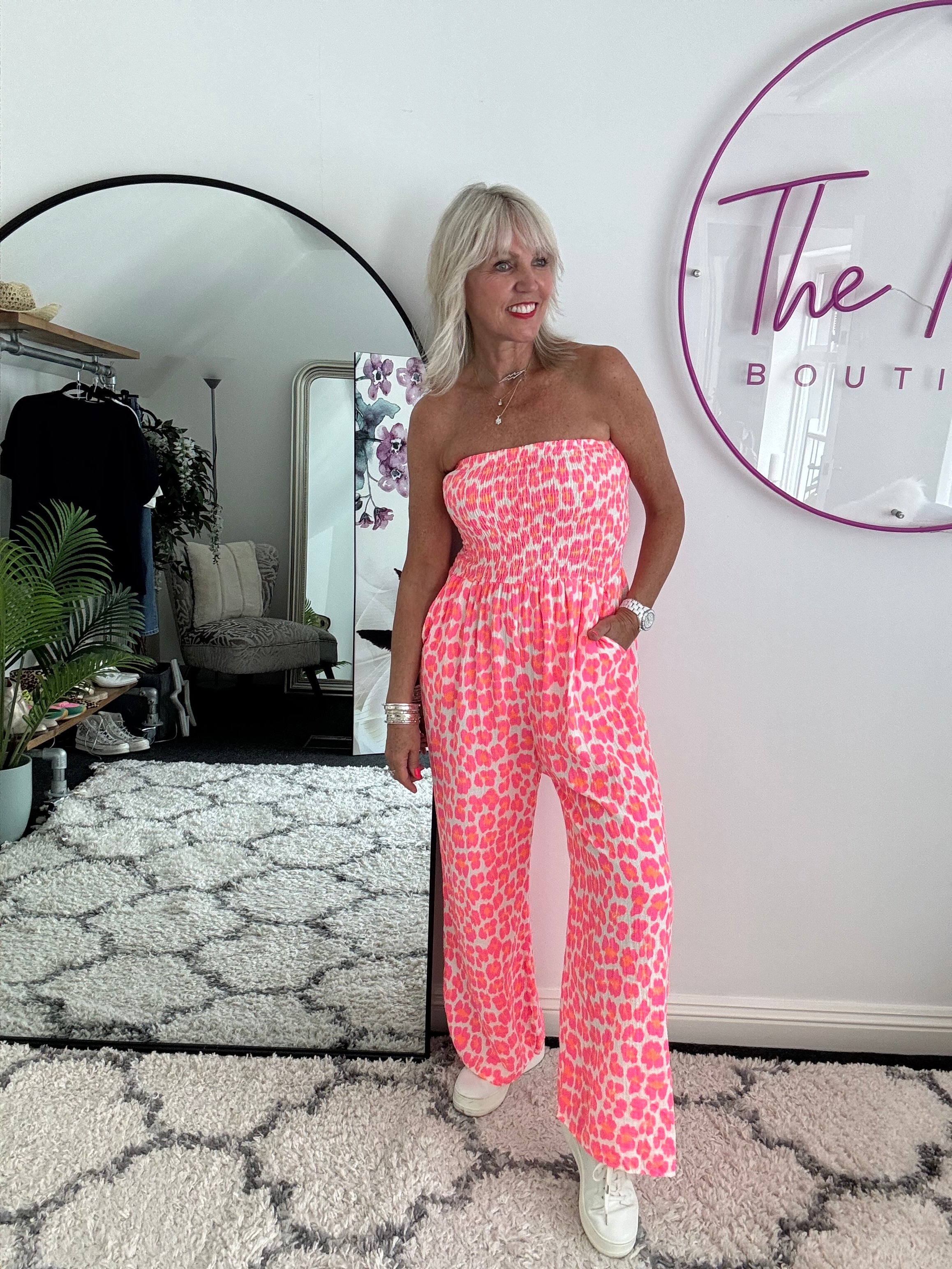 Bandeau Cheesecloth Jumpsuit in Neon Pink & Orange Leopard