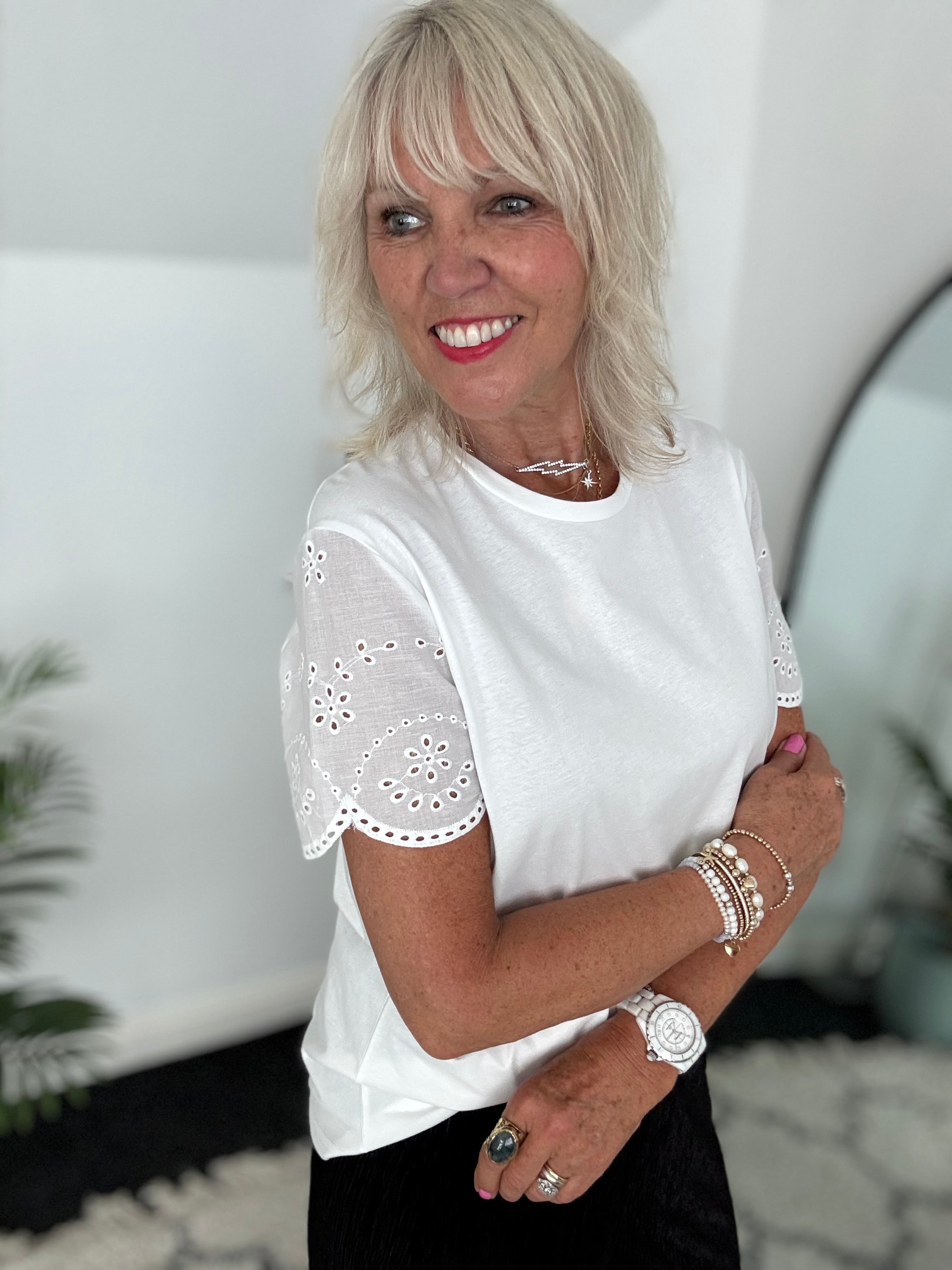 White Cotton Top with Broderie Sleeves