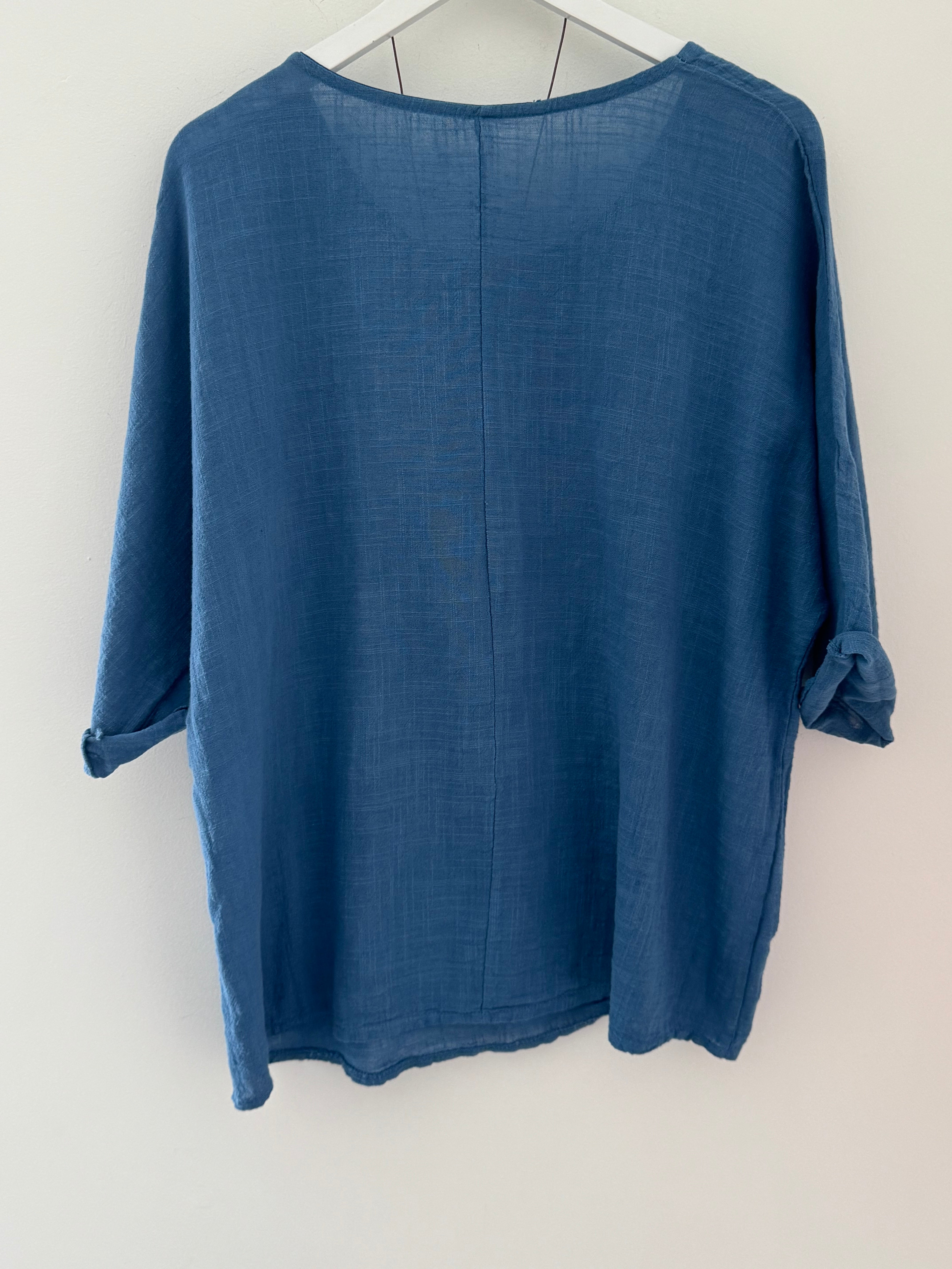 Simple Cotton Scoop Neck Top in Denim Blue