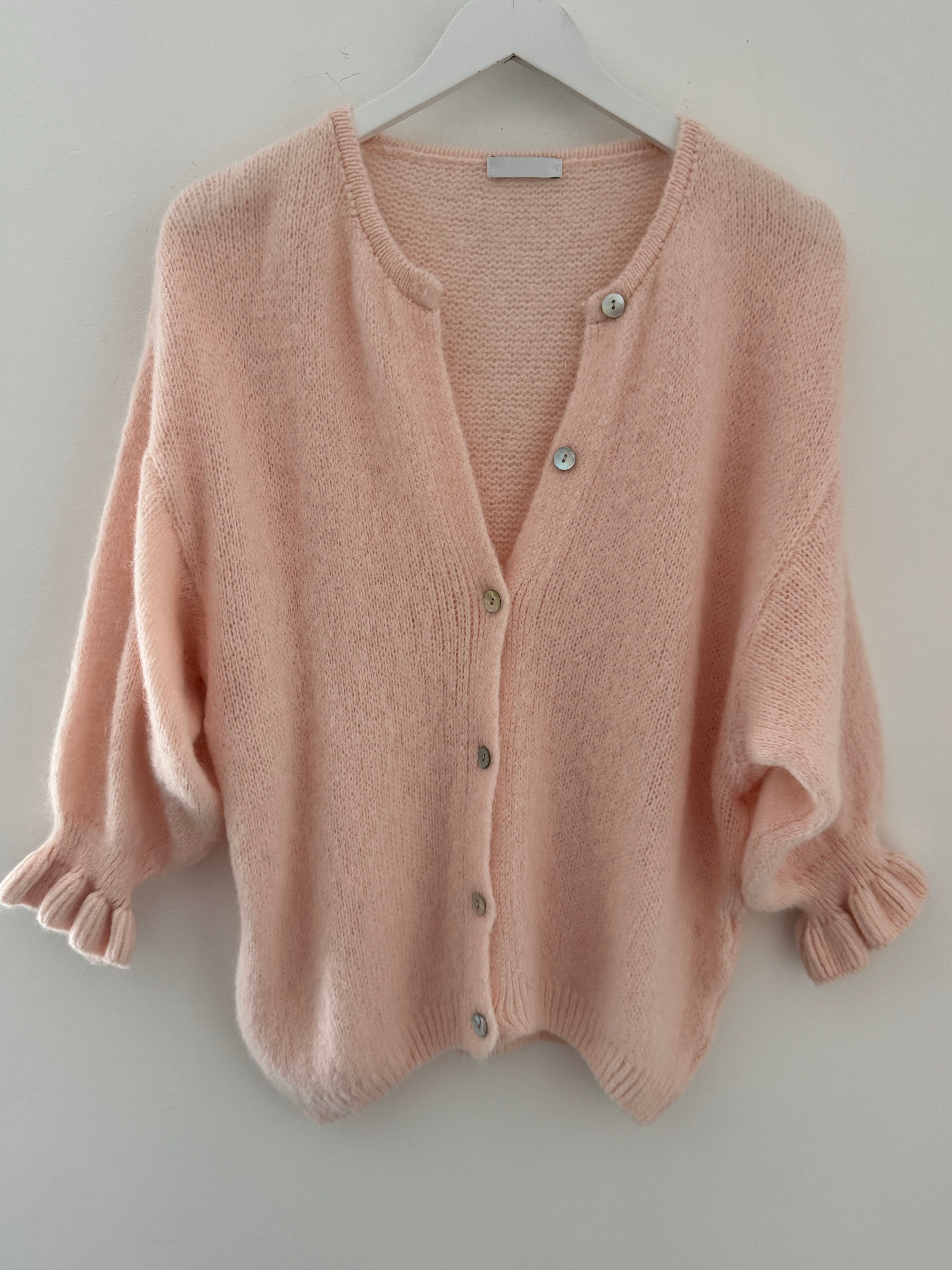 Alpaca Cardi with Frill Cuffs in Shell Pink