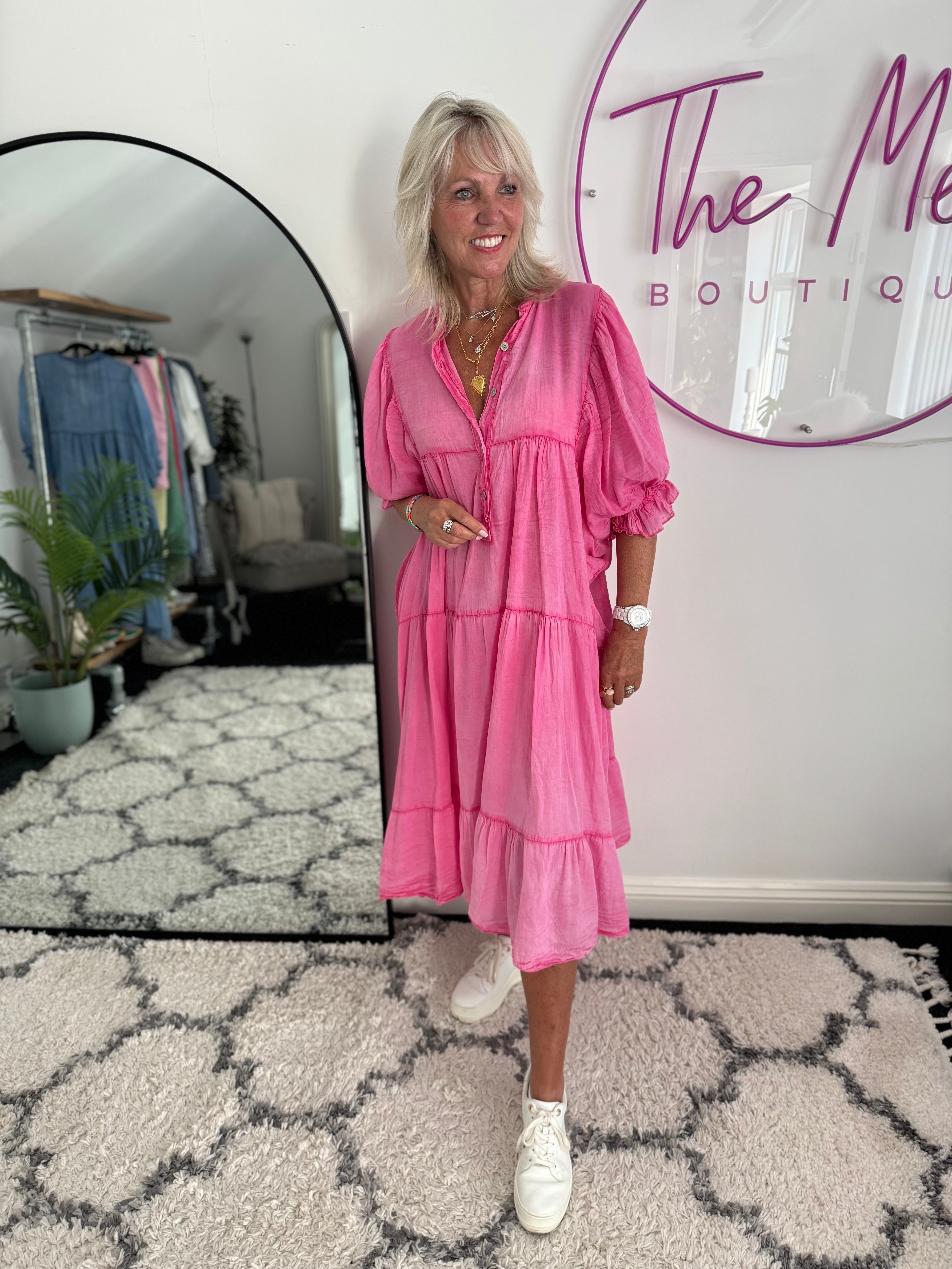 Oversized Cotton Tiered Dress in Vintage Pink
