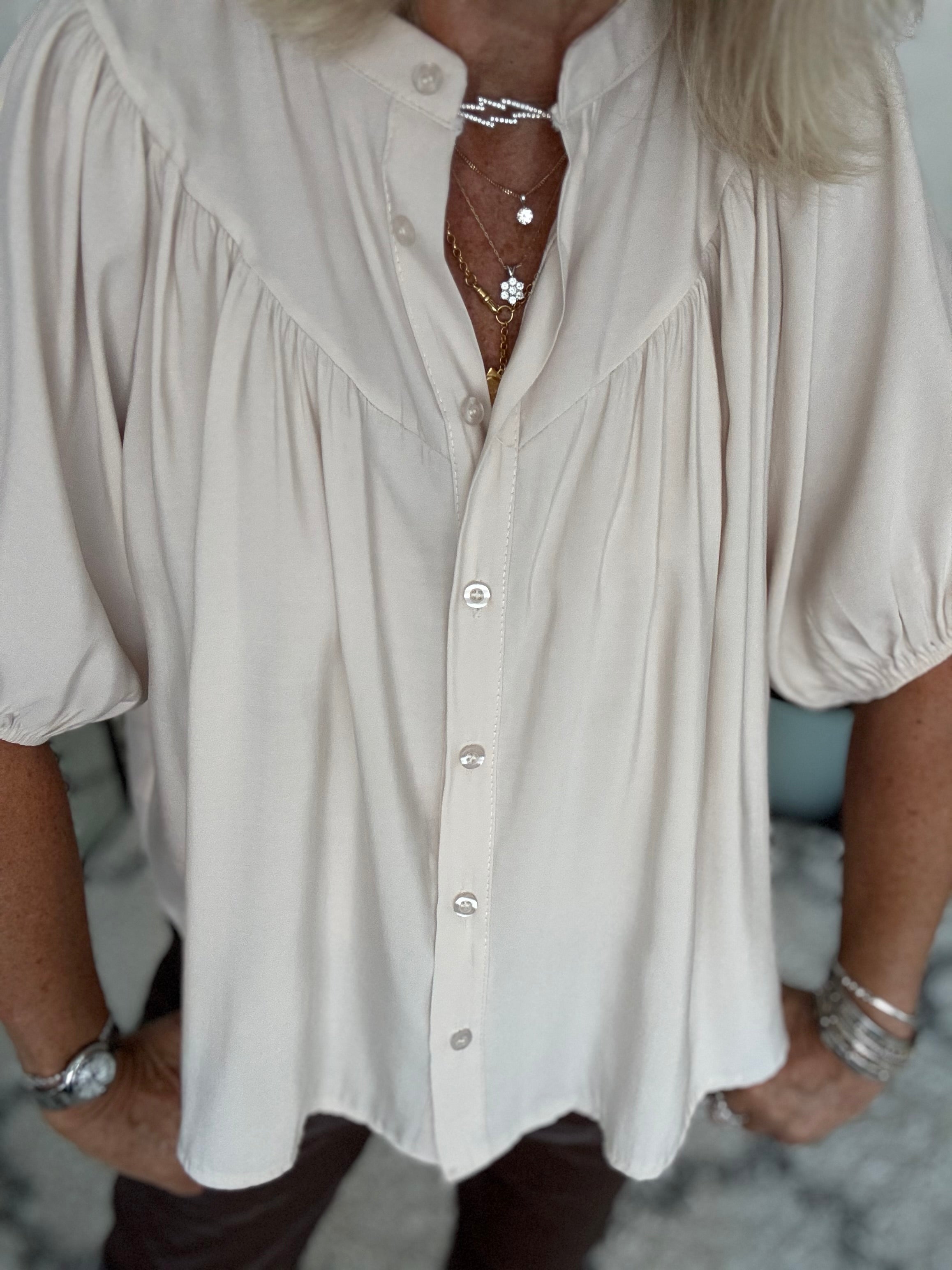 Luxe Gathered Yoke Blouse in Ecru