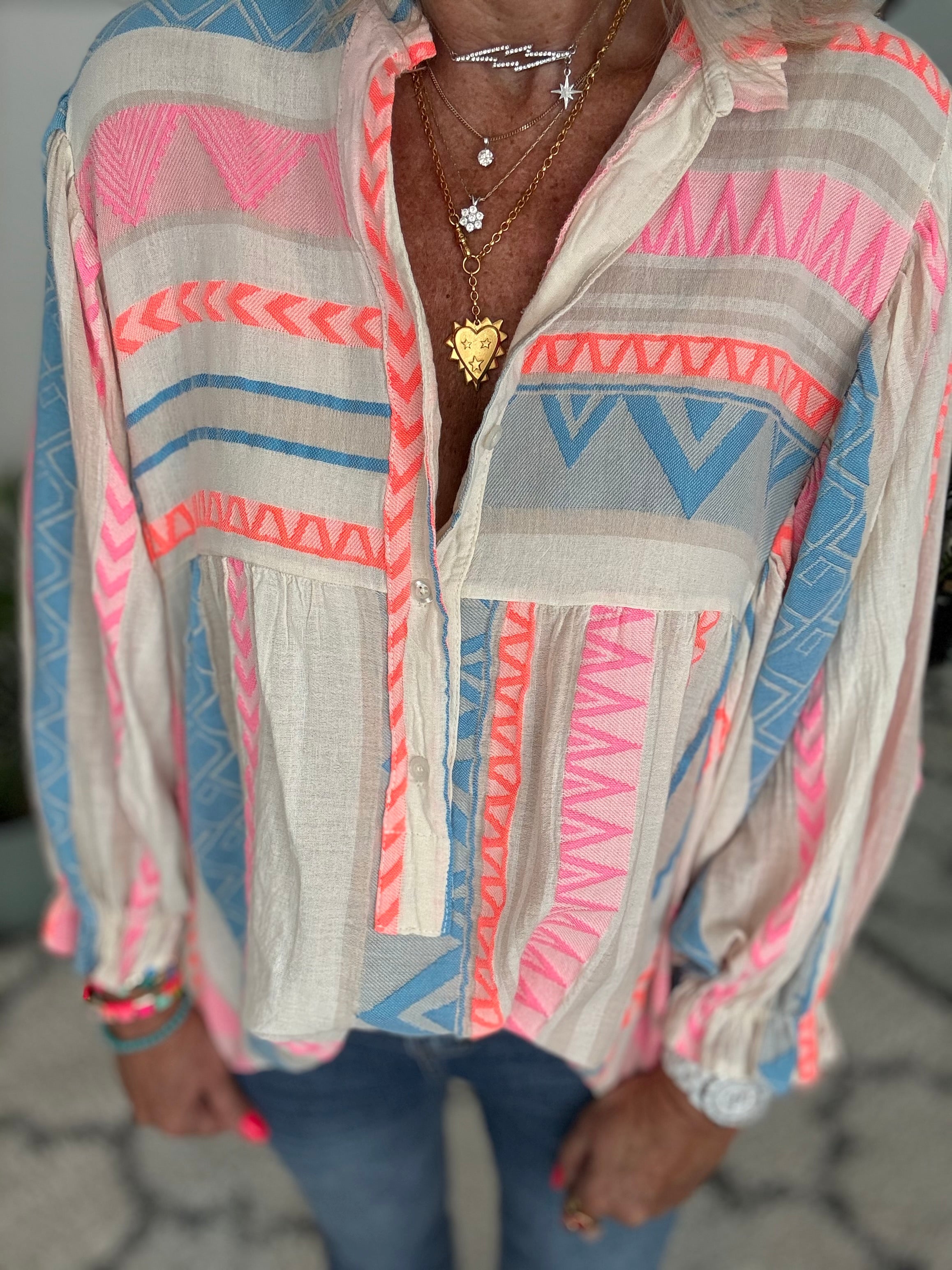 Embroidered Shirt in Blue & Pink