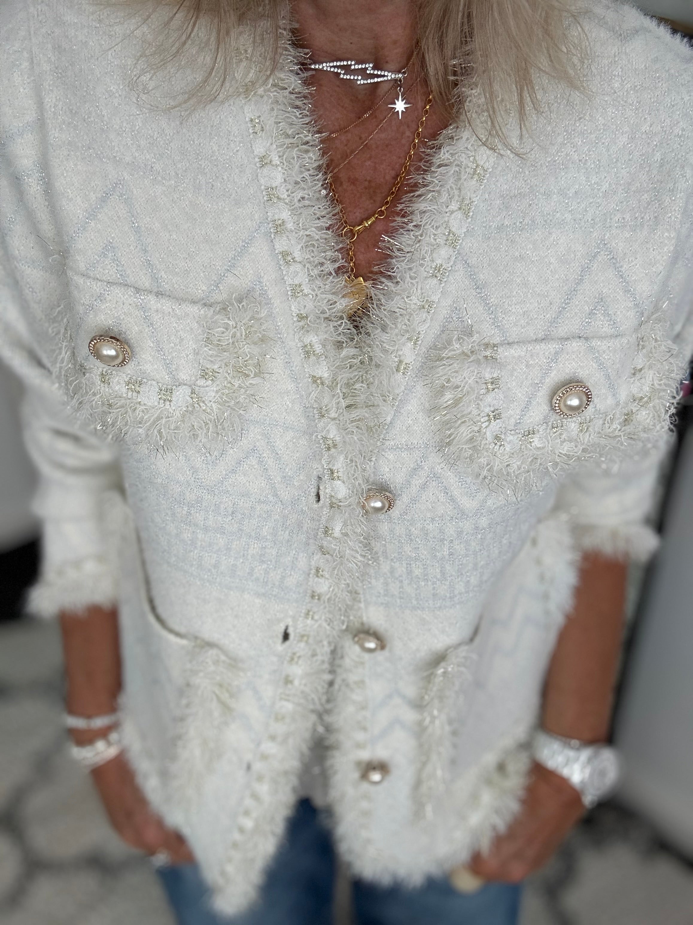 Pearl Button & Tweed Cardi Jacket in Ivory