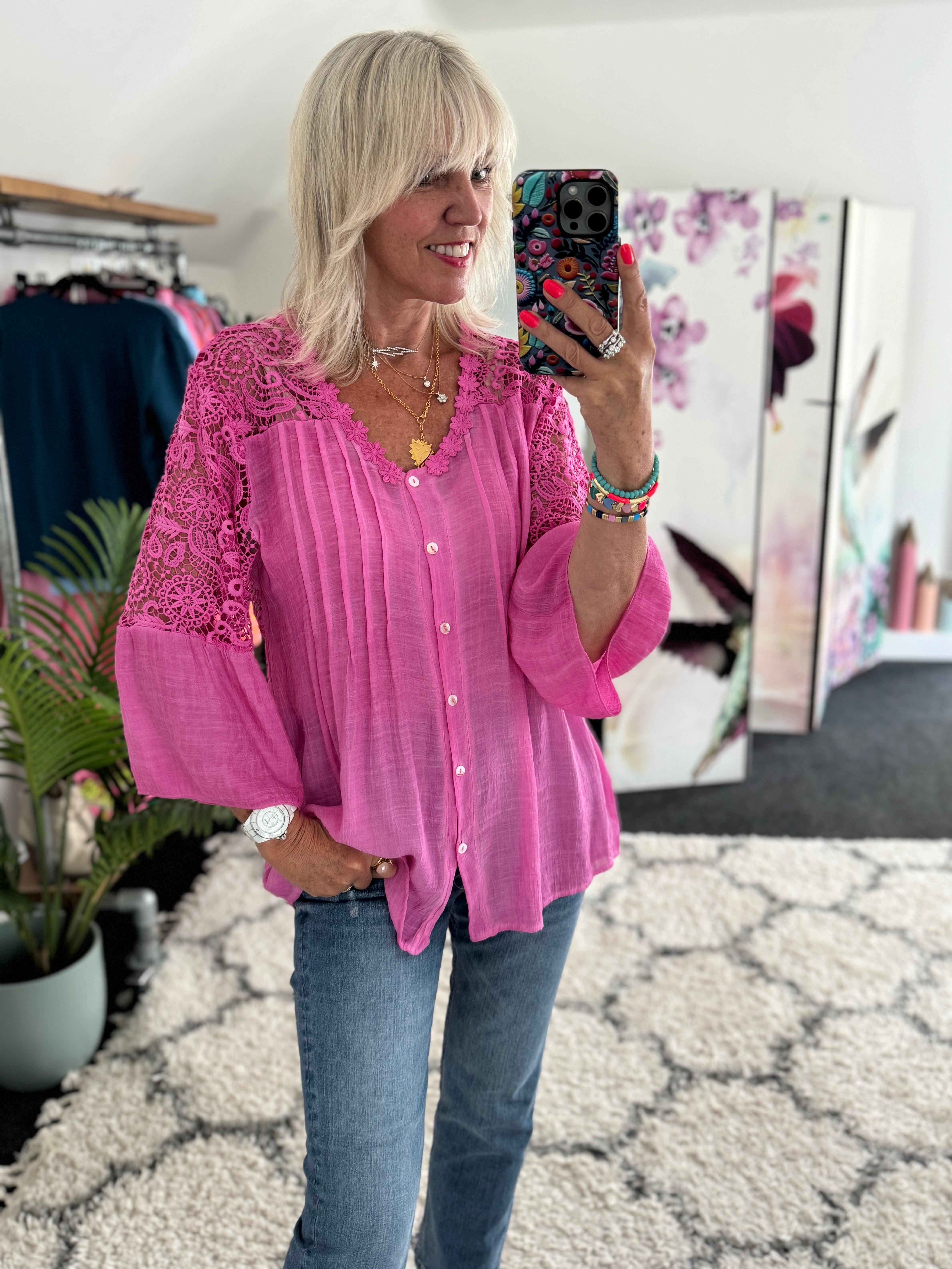 Lace Buttoned Blouse in Fuchsia