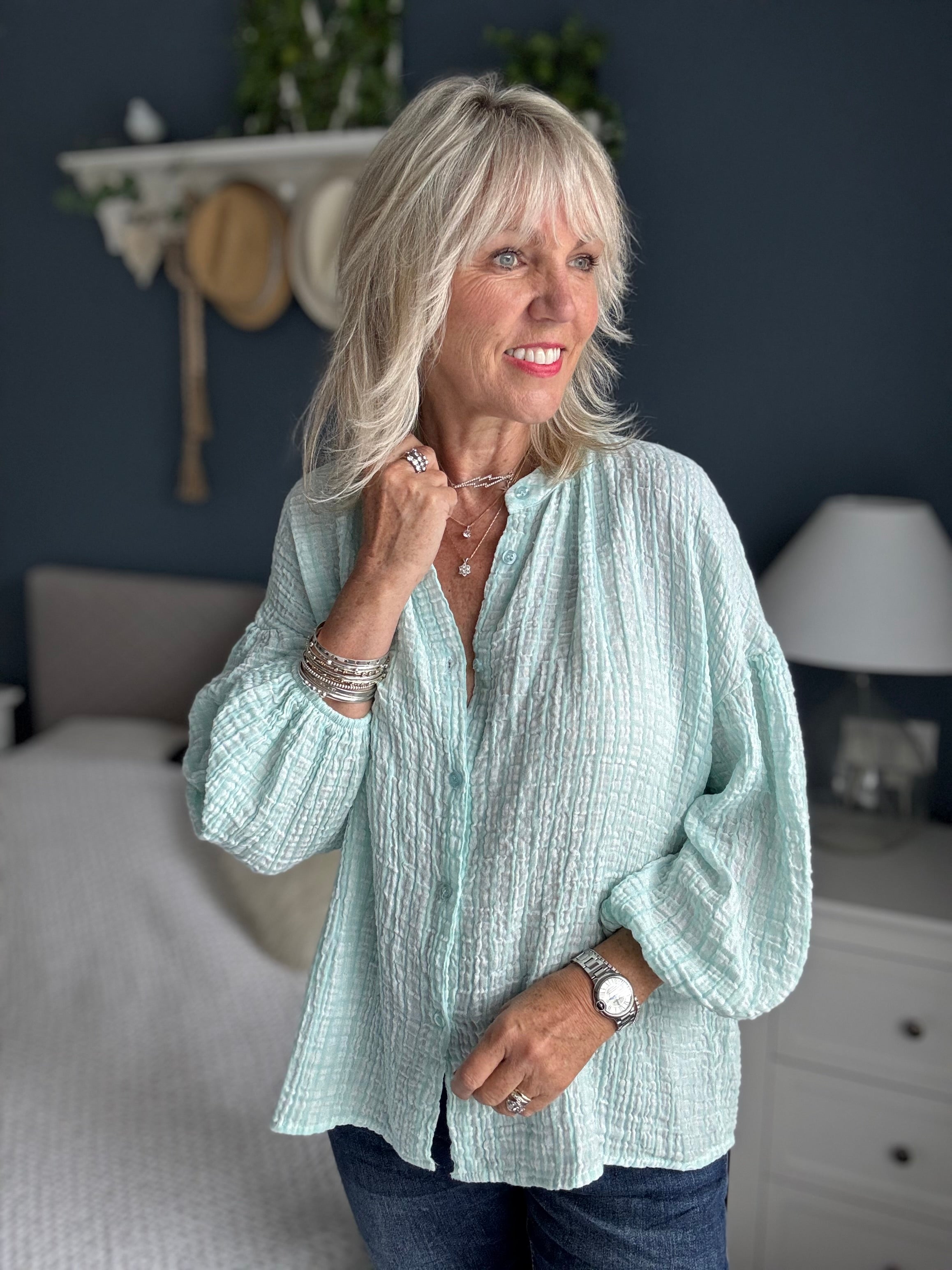 Gingham Seersucker Blouse in Aqua
