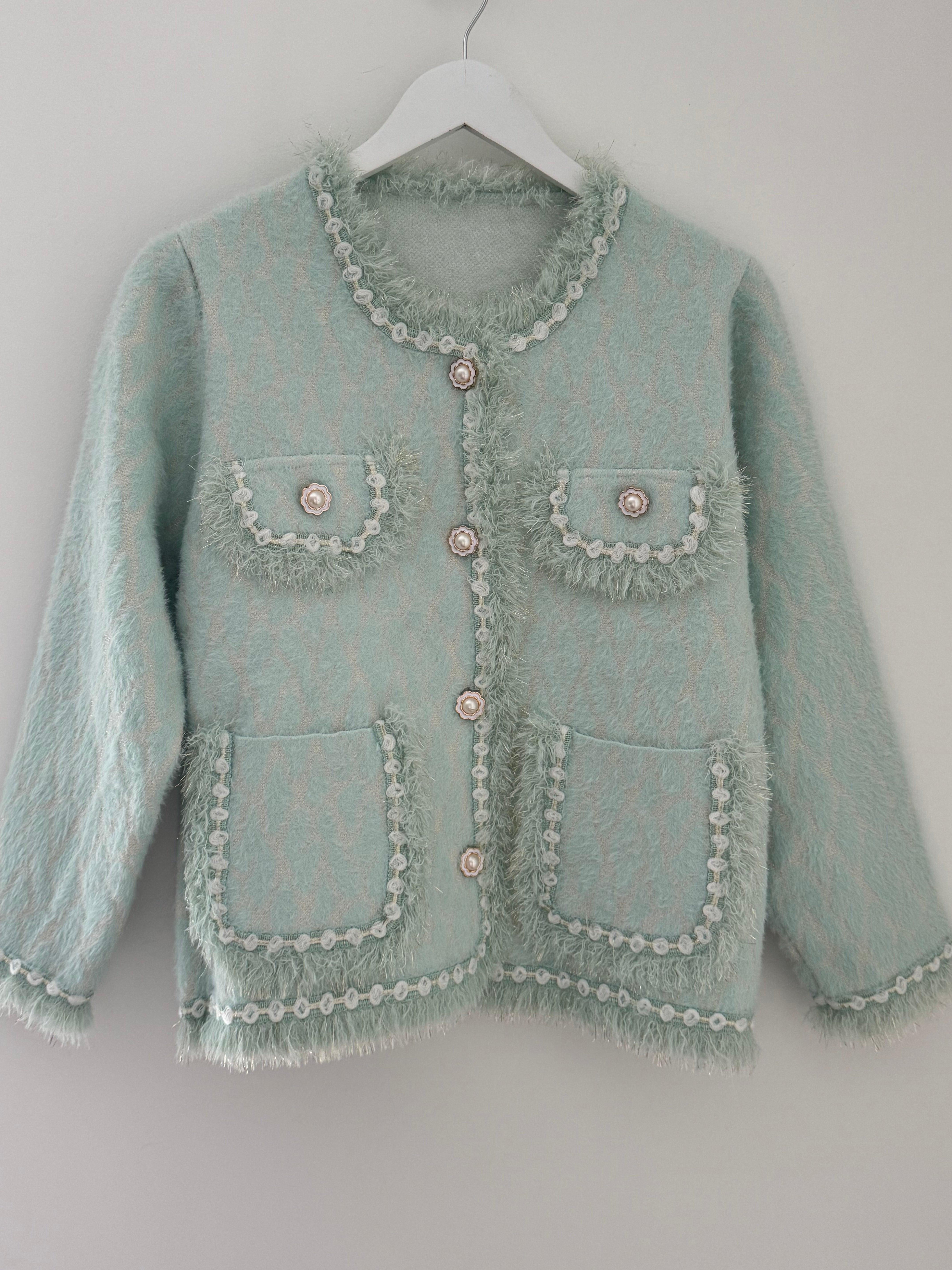 Flower Button & Tweed Cardi Jacket in Aqua