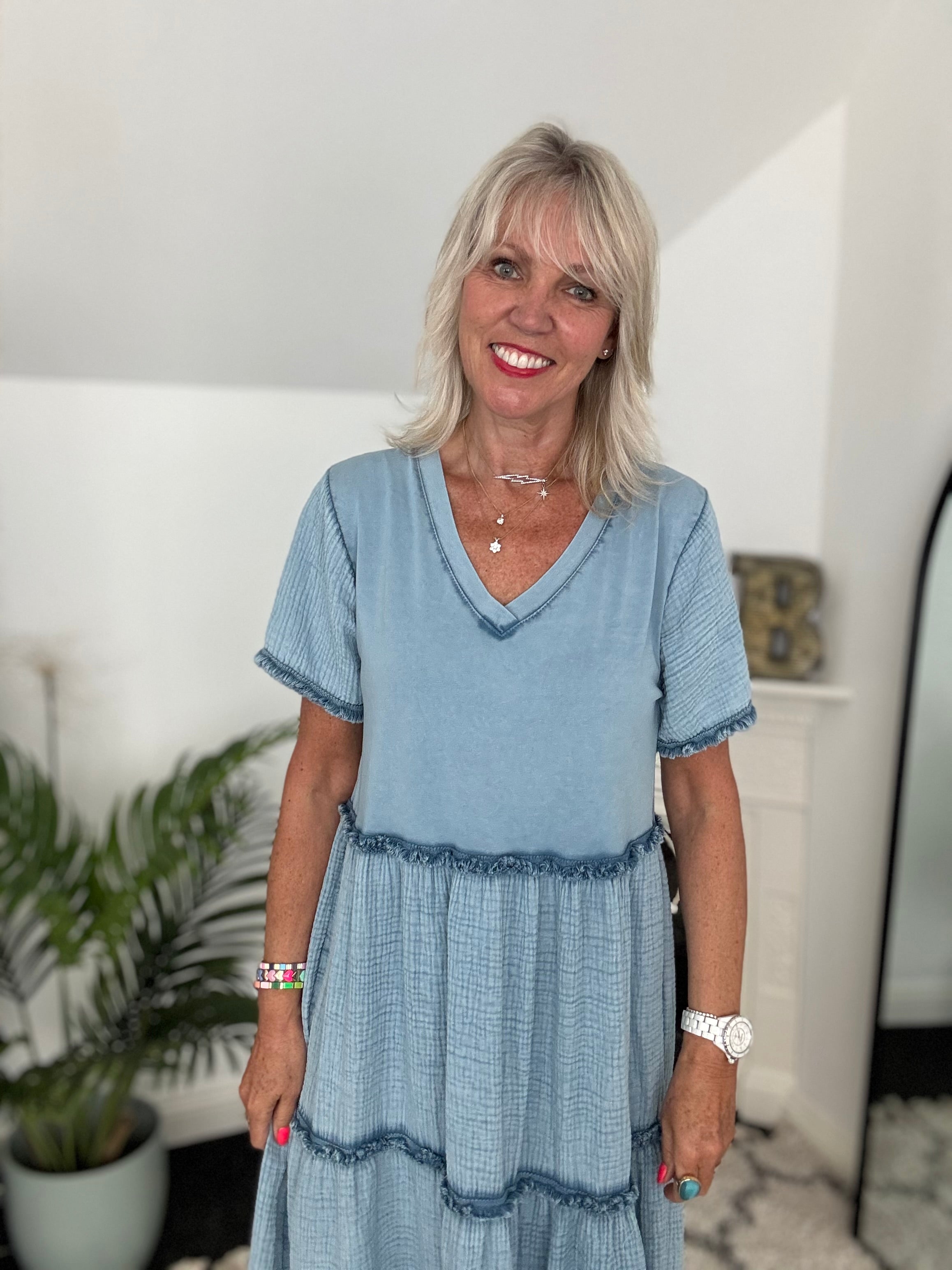 Tiered Cheesecloth Dress in Blue