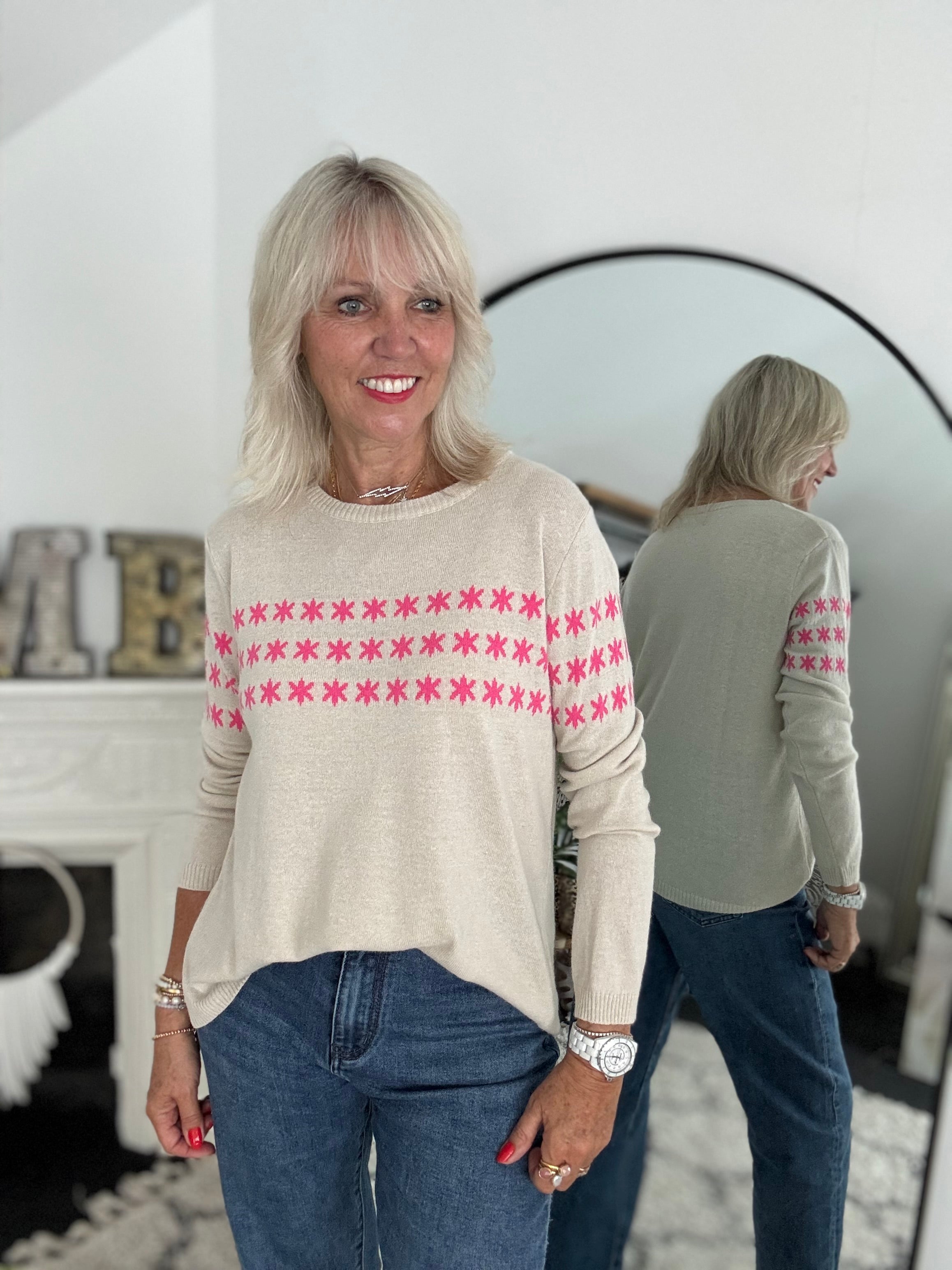Multi Star Cashmere Jumper in Ecru & Pink