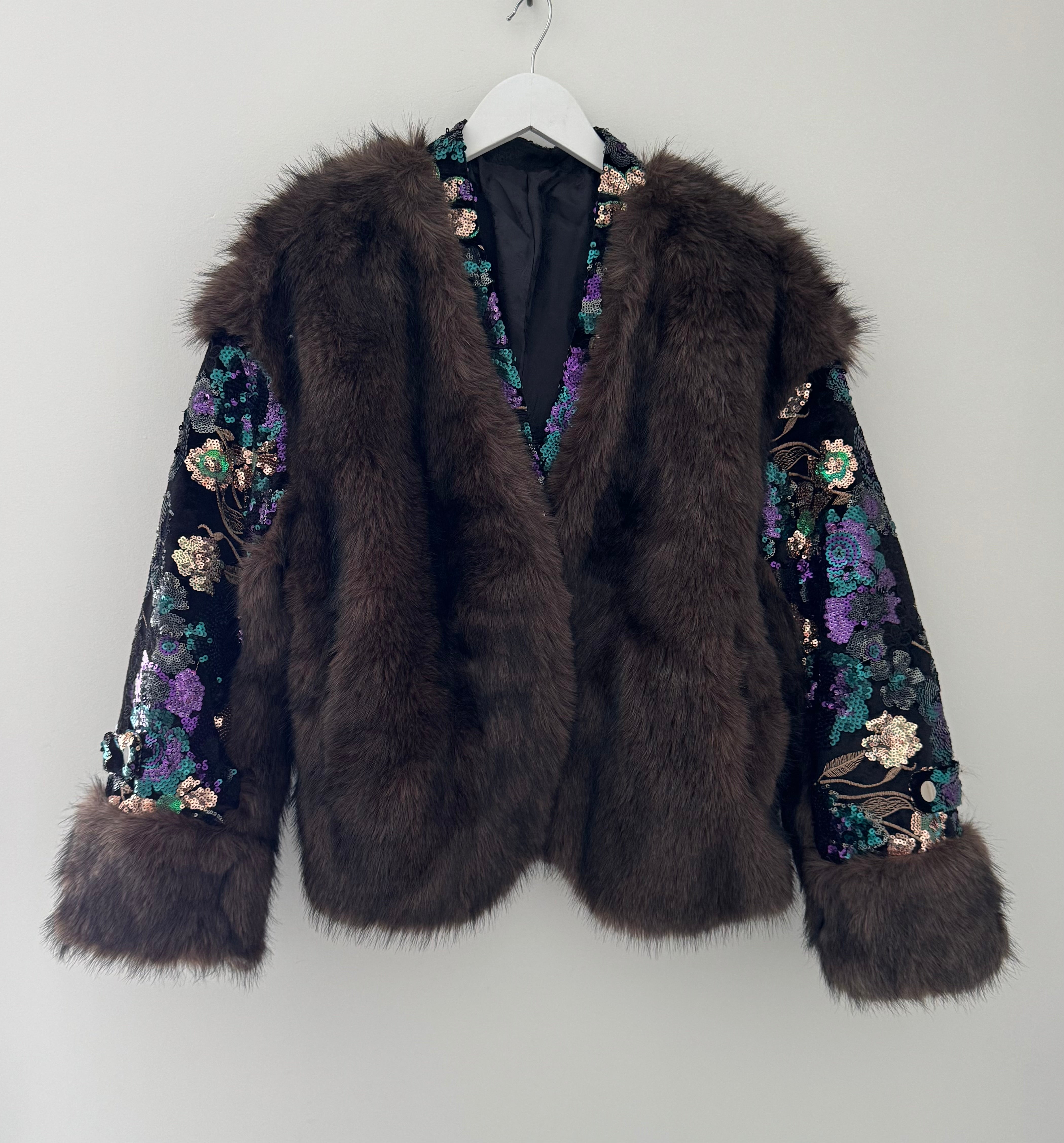 Faux Fur Jacket with Sequin Sleeves