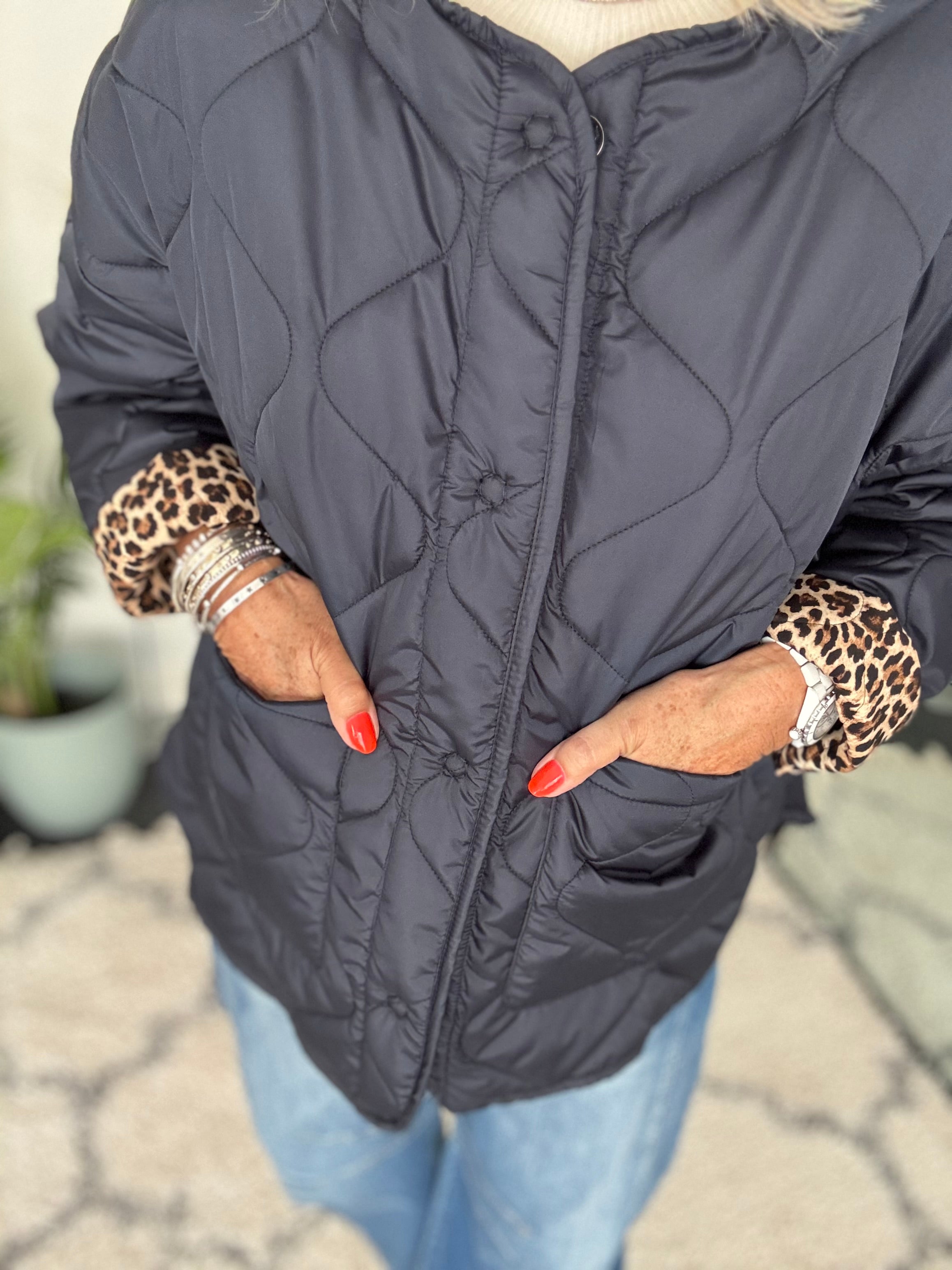 Reversible Quilted Jacket in Navy & Leopard