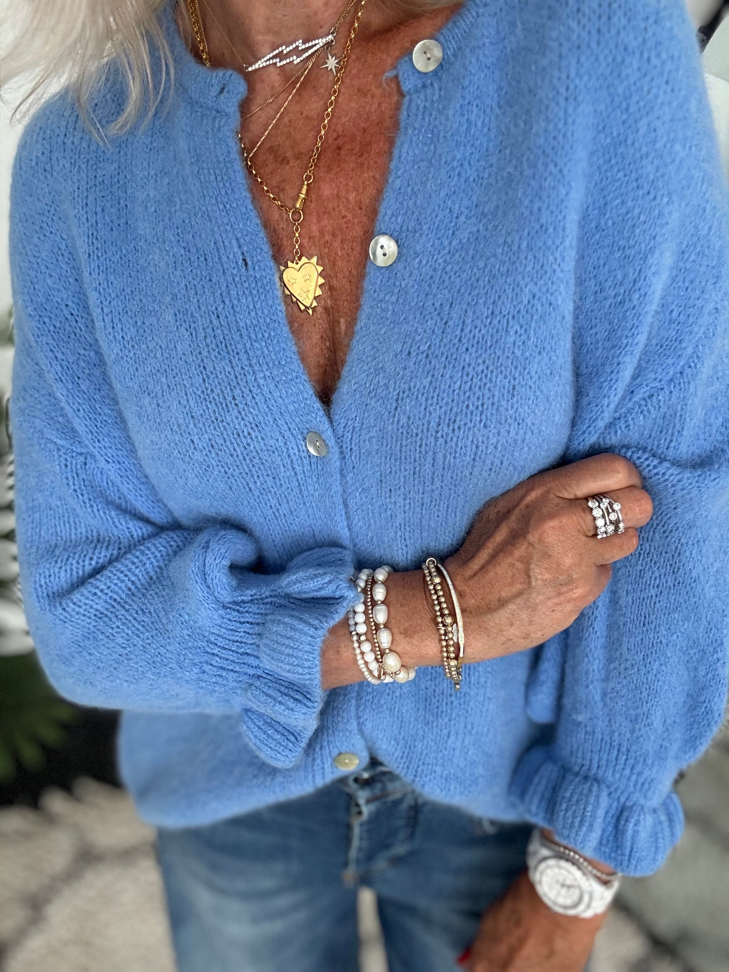 Alpaca Cardi with Frill Cuffs in Cornflower Blue