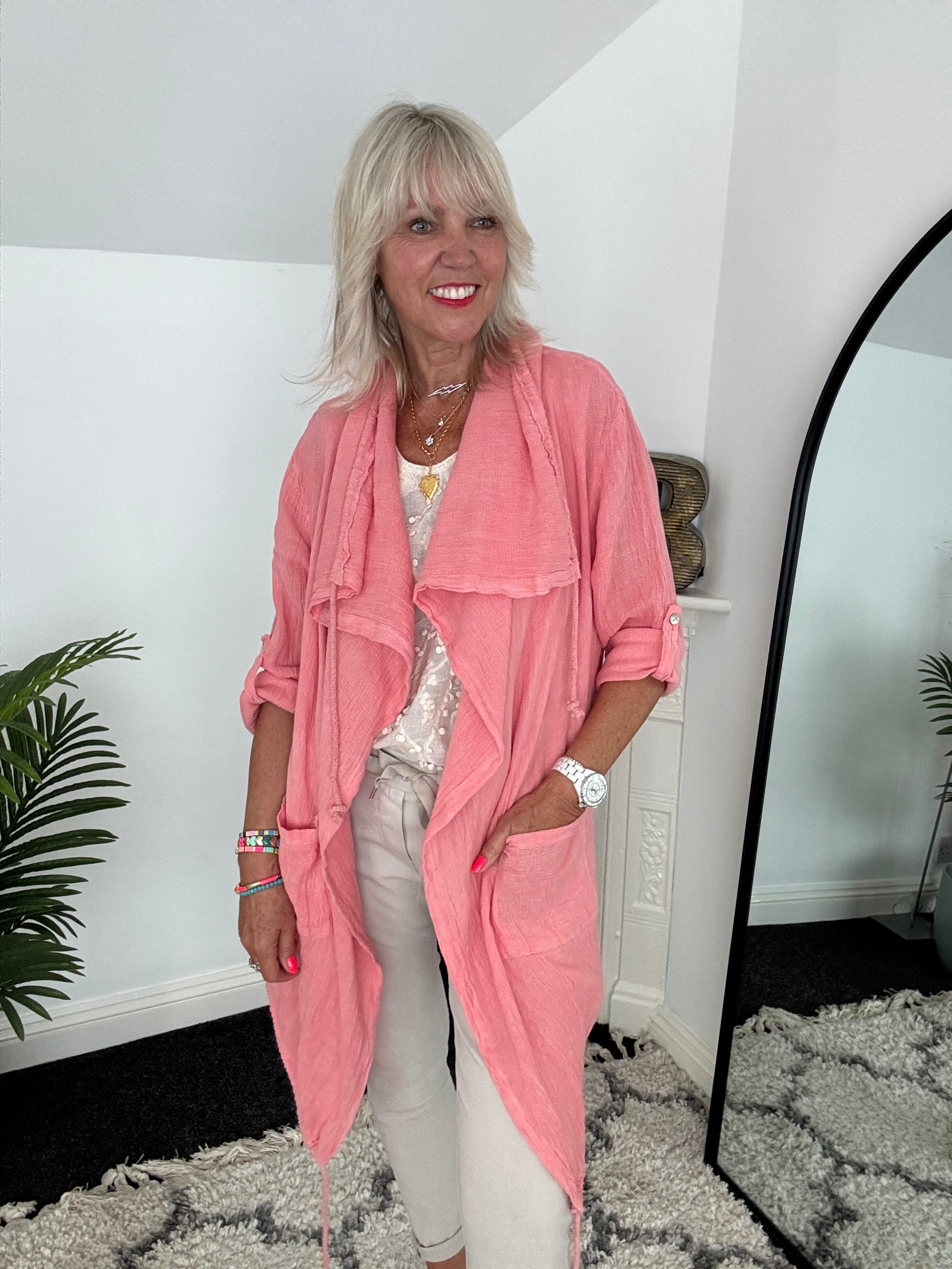 Linen & Cotton Parka Jacket in Coral