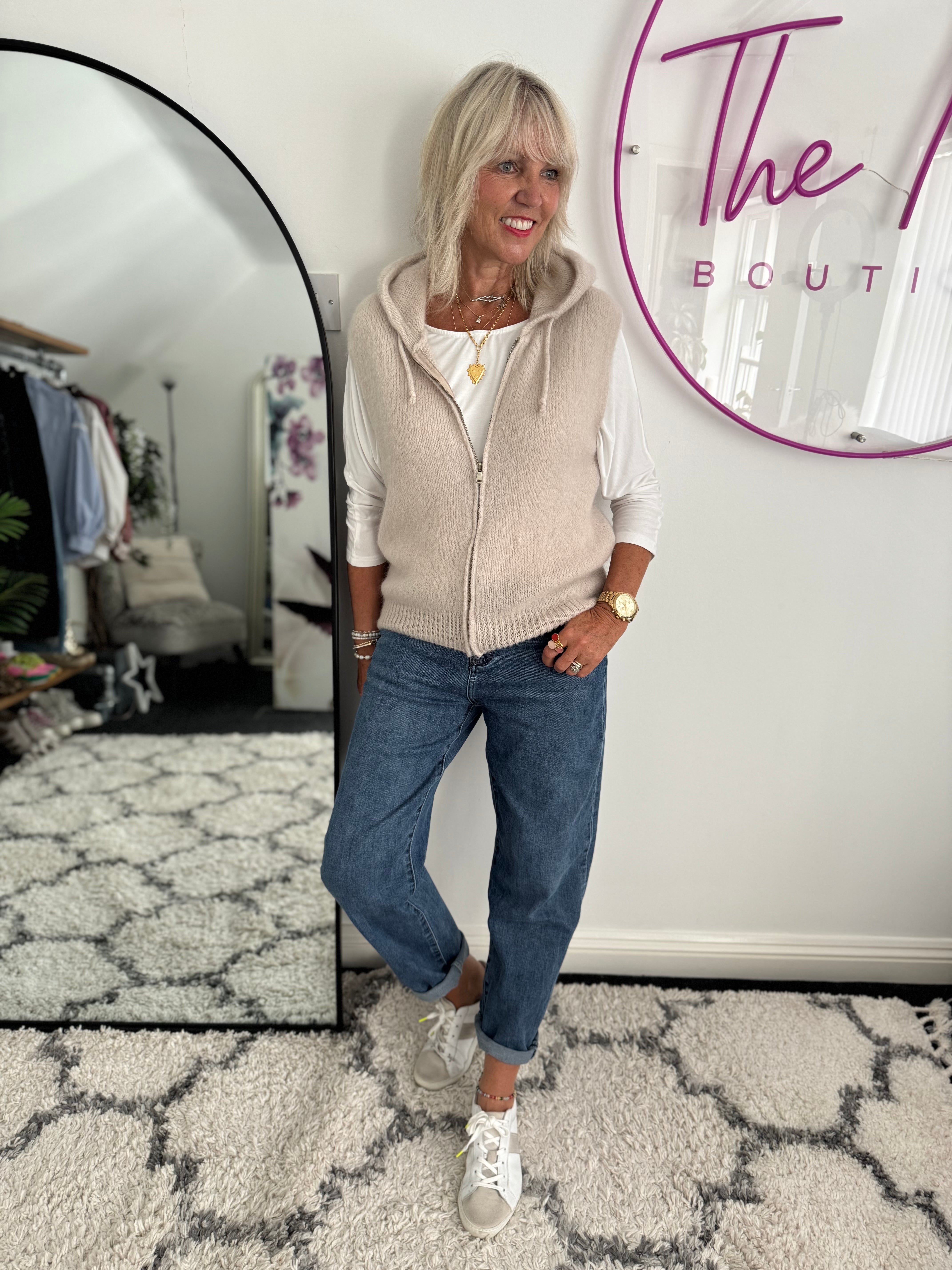 Hooded Mohair Gilet in Stone