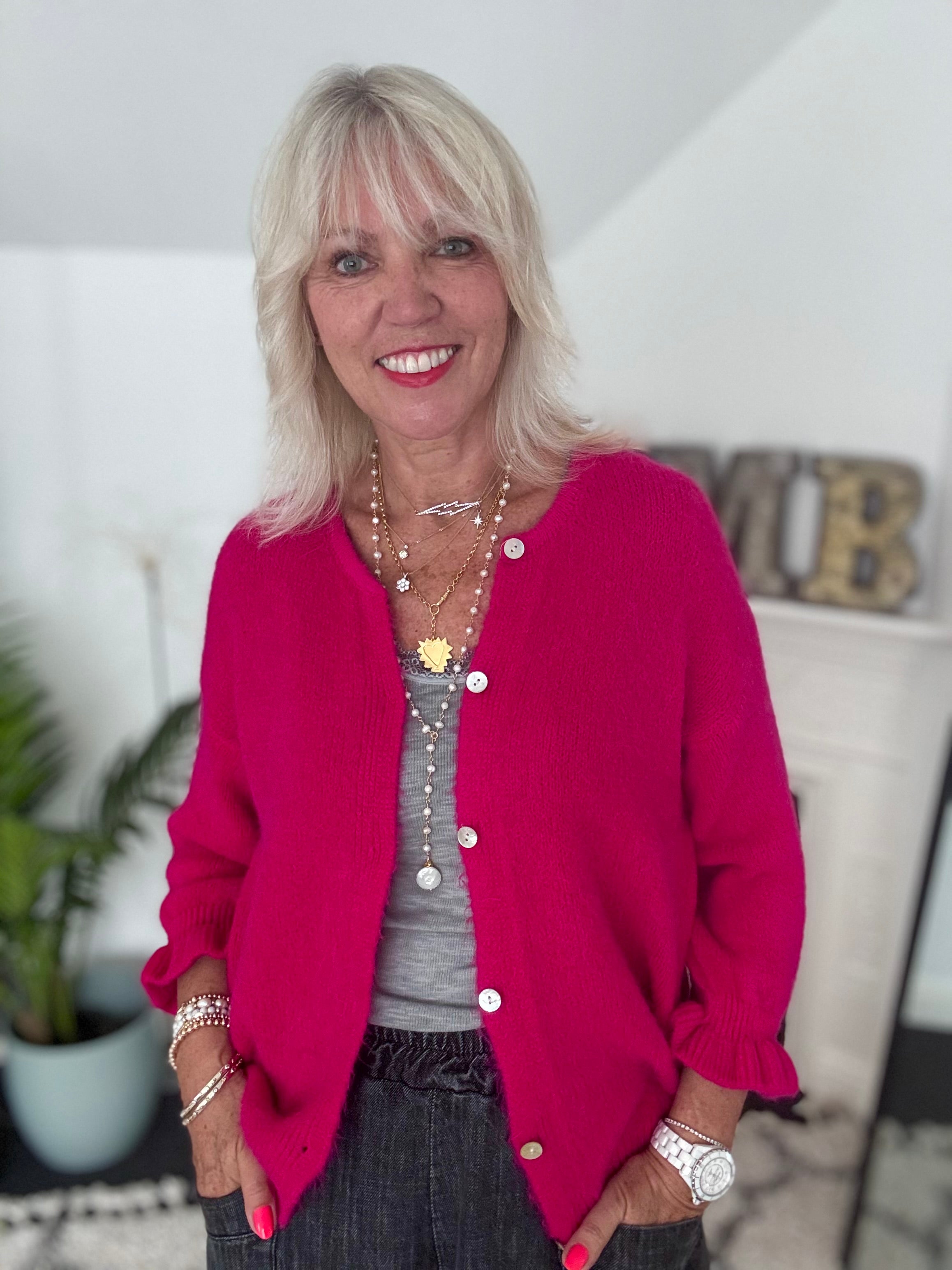 Alpaca Cardi with Frill Cuffs in Raspberry