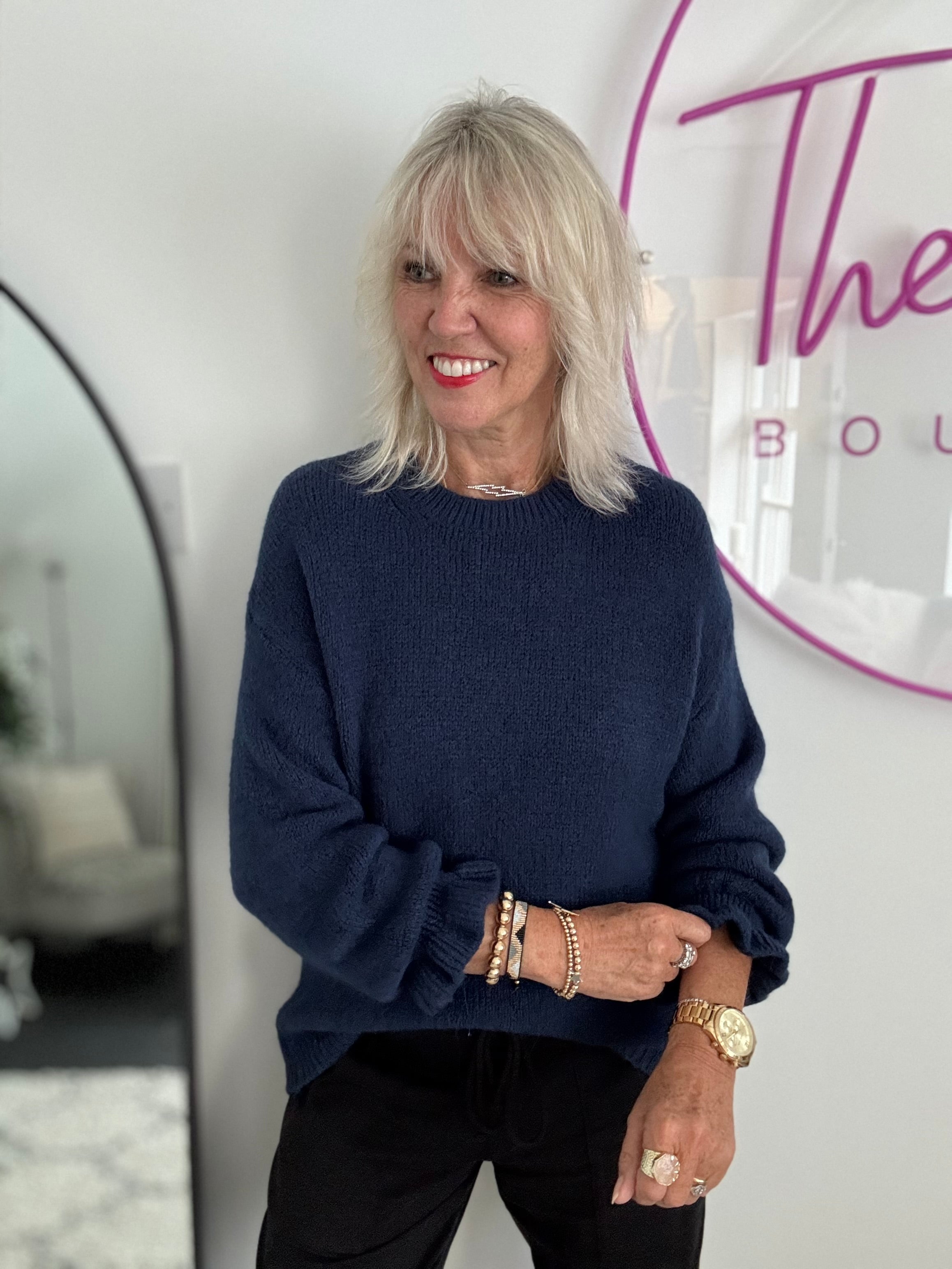 Alpaca Jumper with Frill Cuffs in Navy