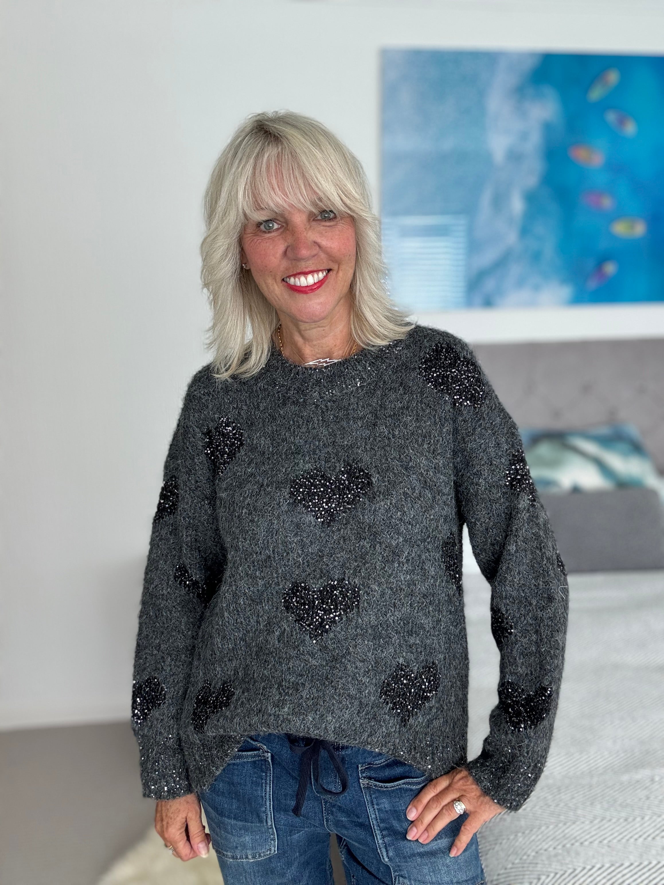 Sequin Heart Jumper in Charcoal