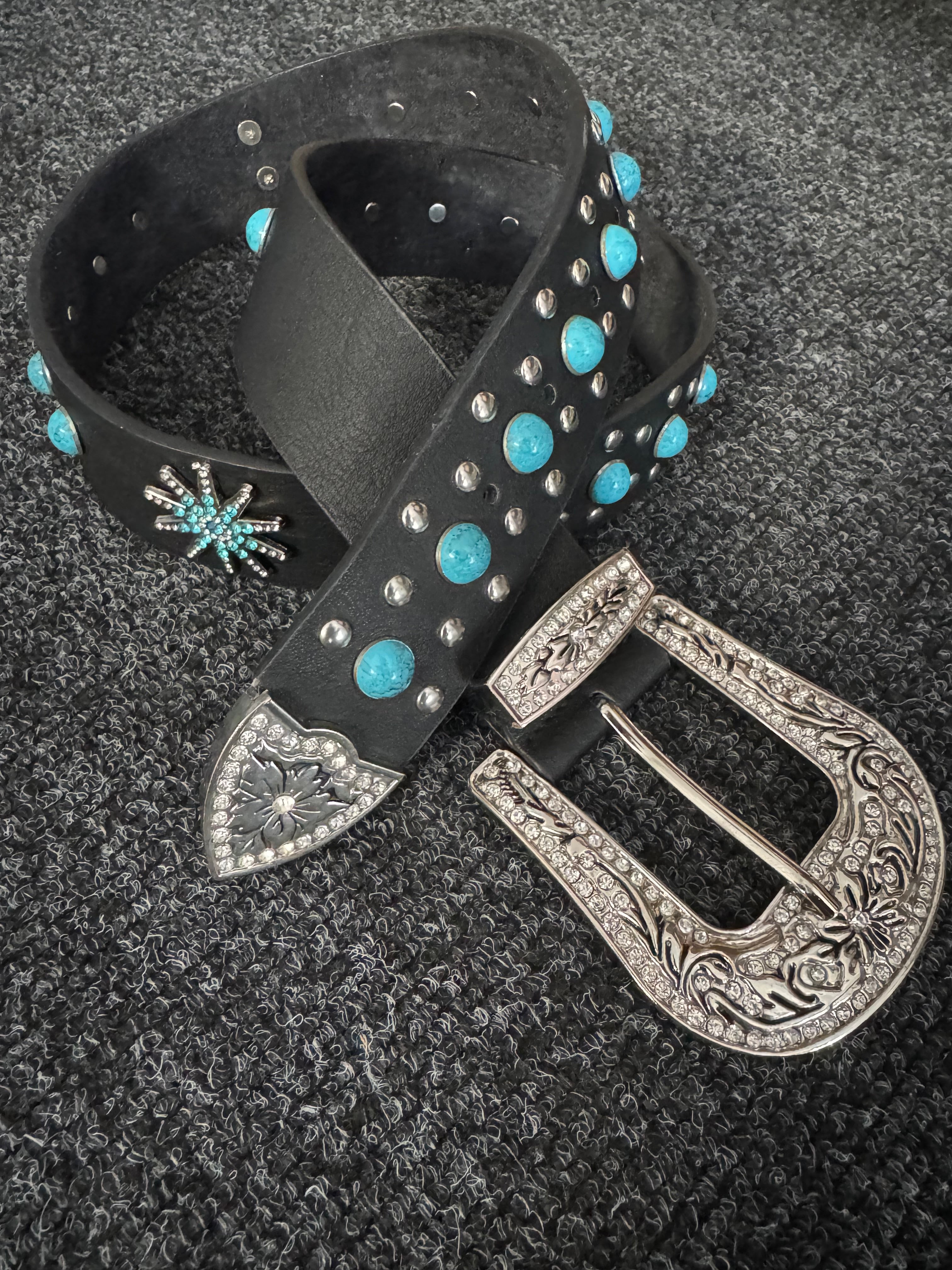 Western Studded Leather Belt in Black & Turquoise