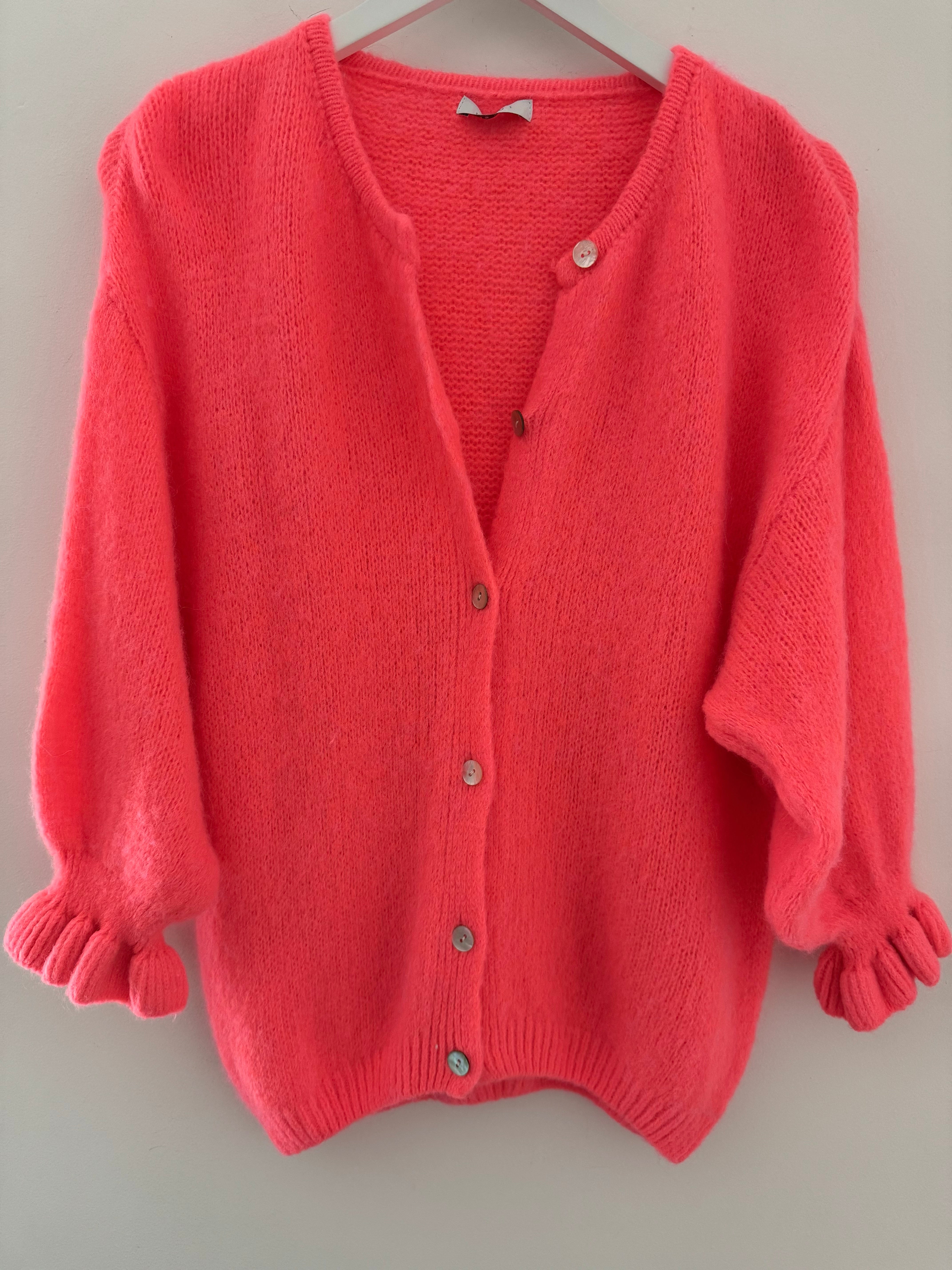 Alpaca Cardi with Frill Cuffs in Neon Coral