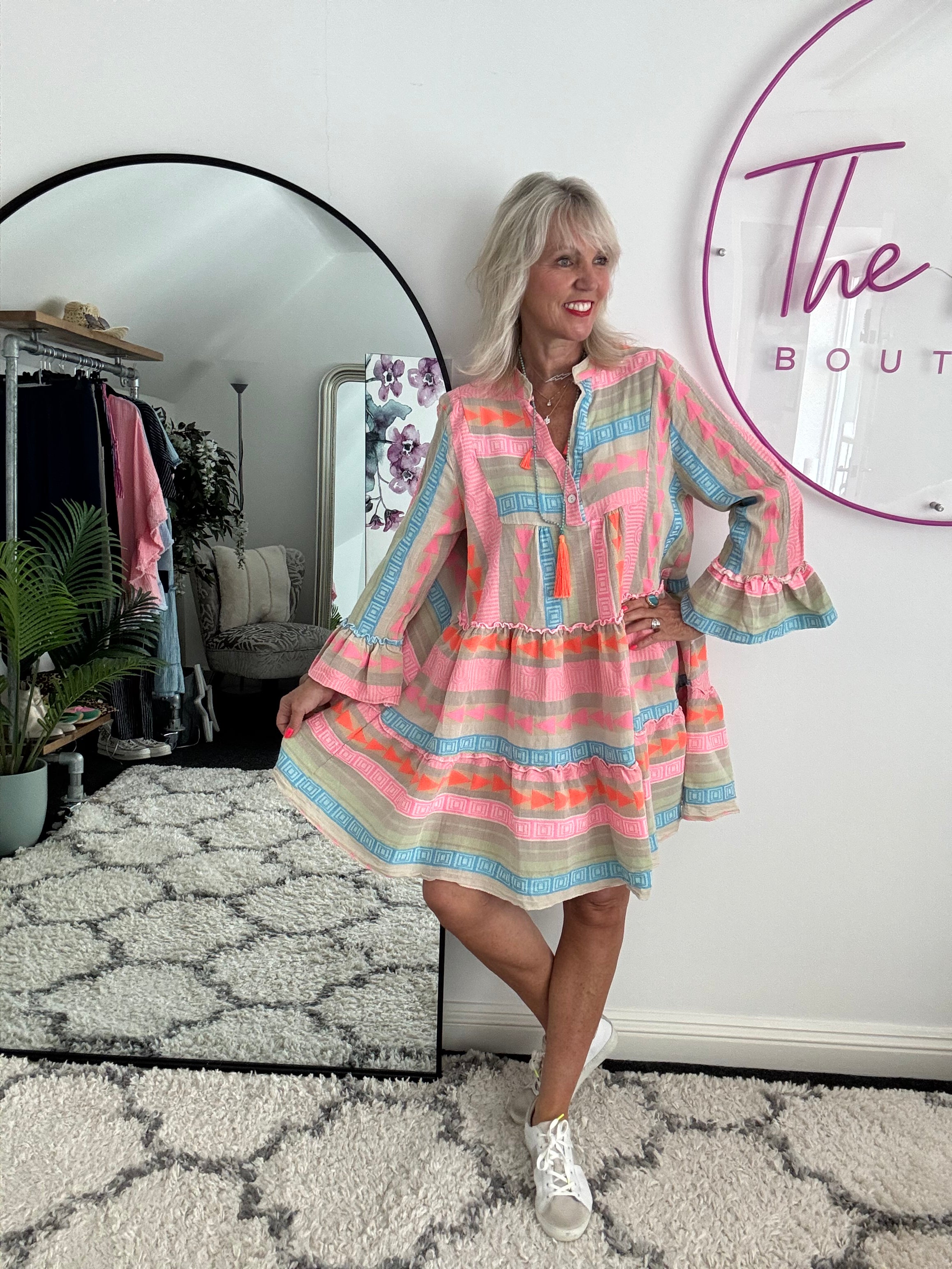 Embroidered Knee Length Dress in Khaki & Pink