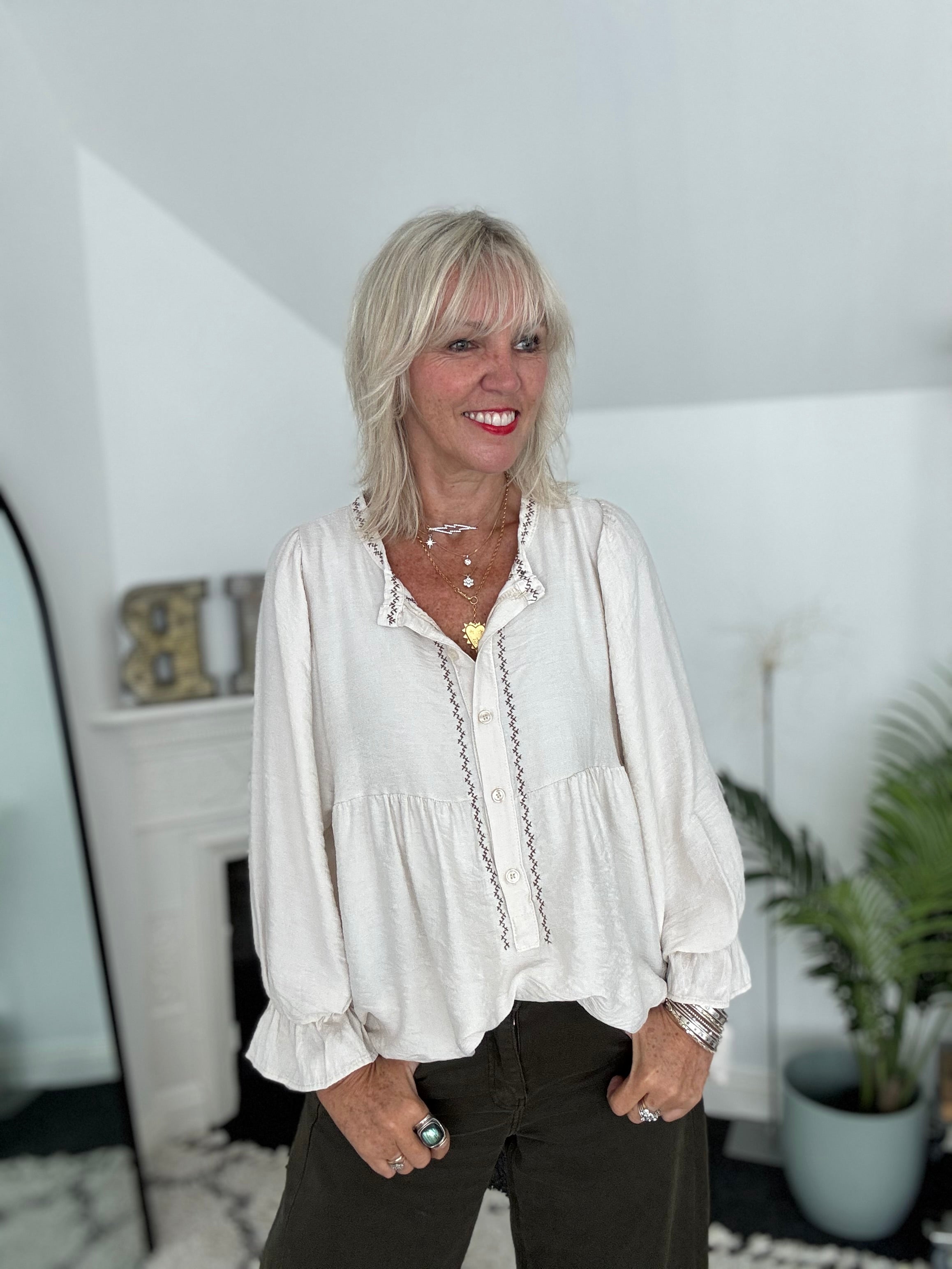 Luxe Blouse with Embroidery in Ecru