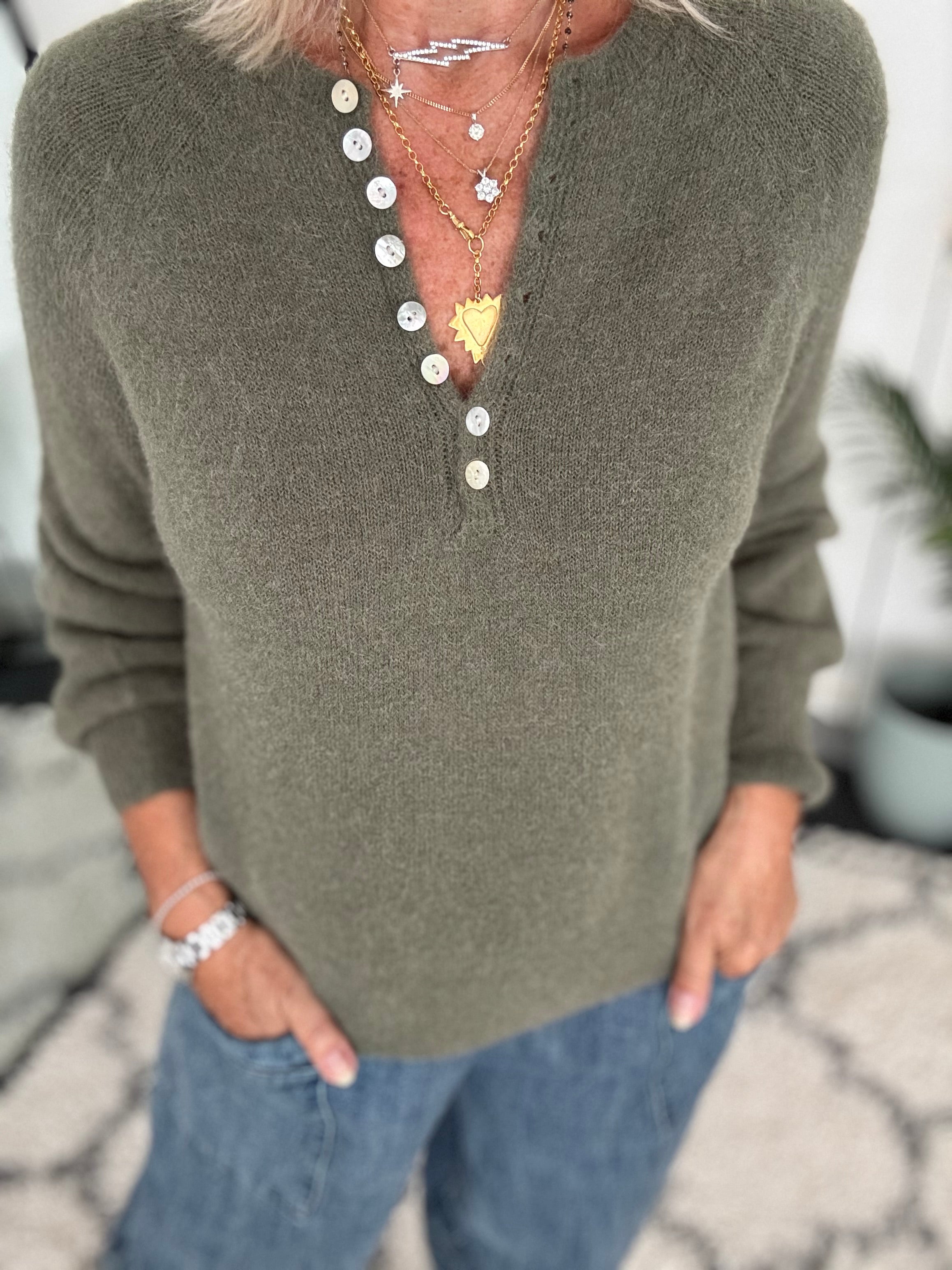 Softie Jumper with Button Neck in Khaki