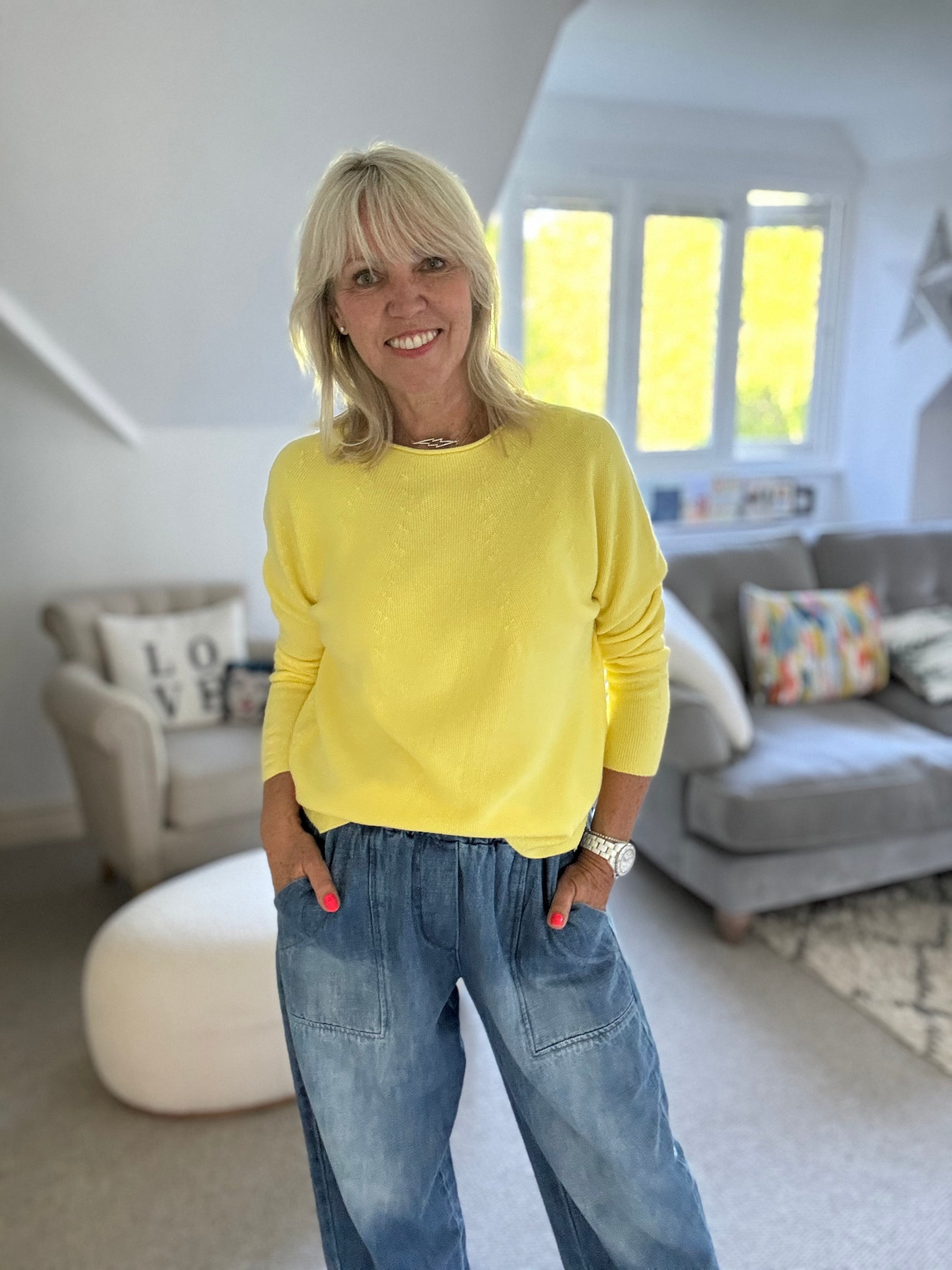 Moss Stitch Jumper with Ladder Back in Yellow