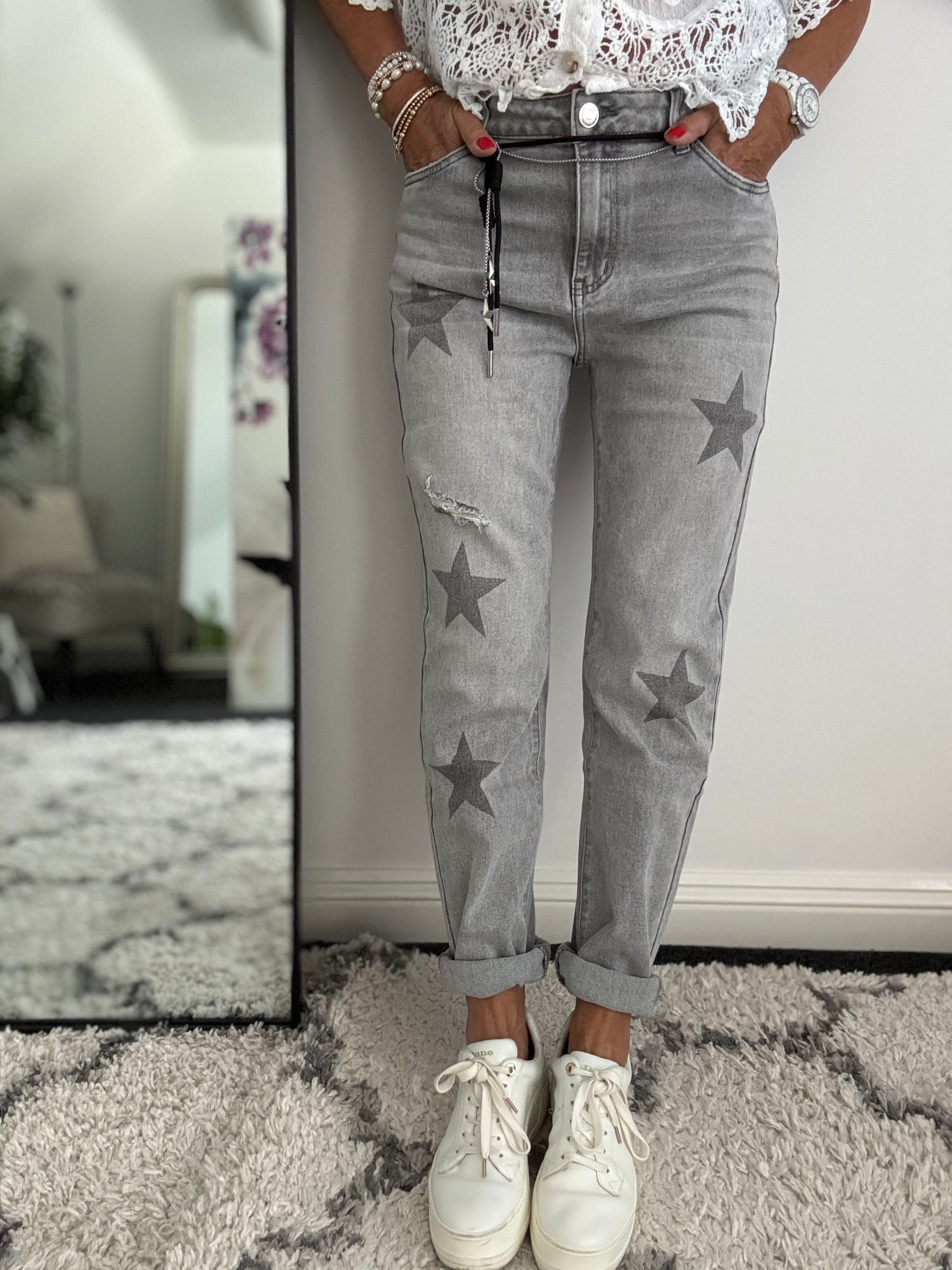 Slim Boyfriend Jeans with Stars in Vintage Grey