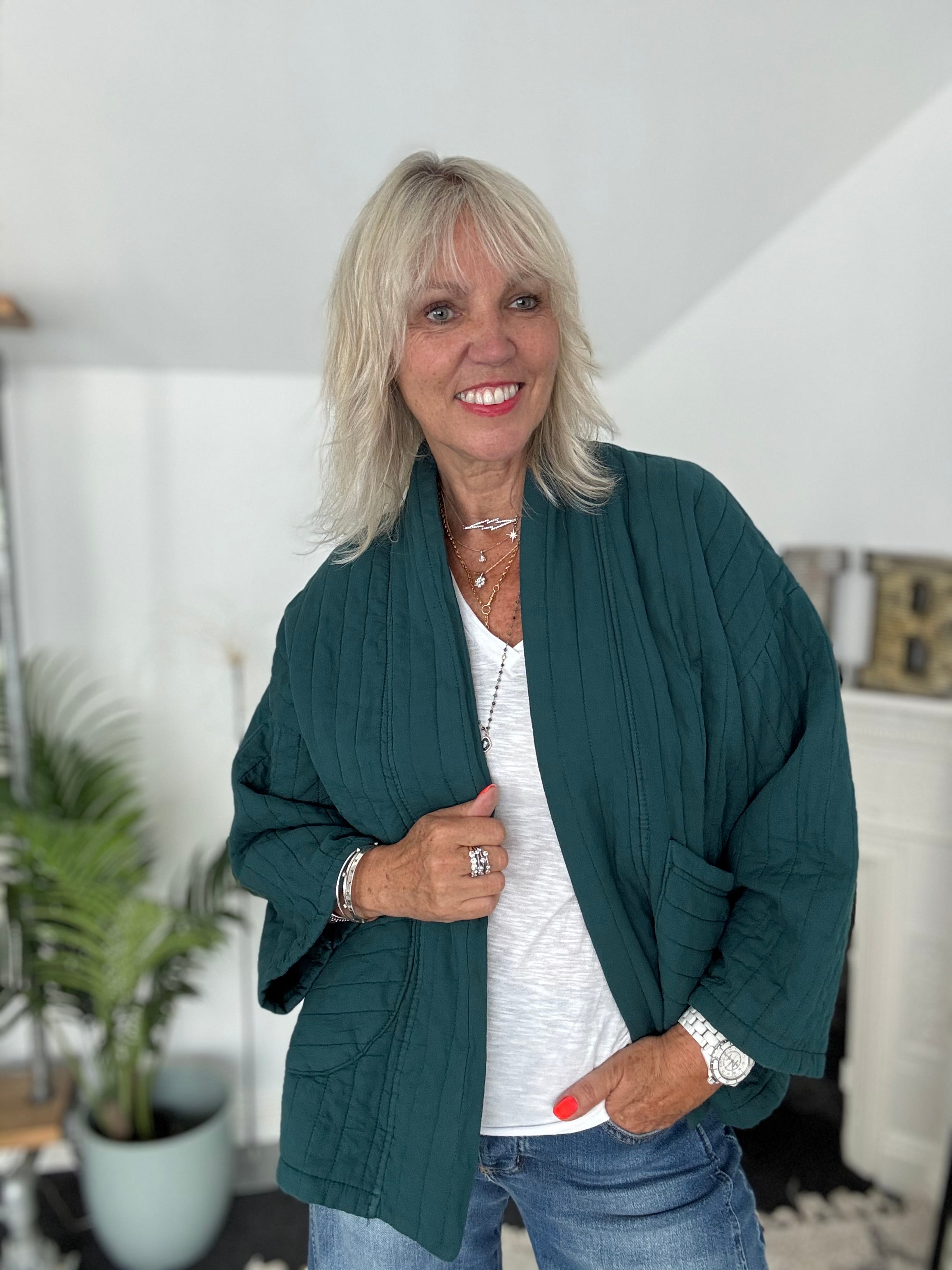 Quilted Jacket in Teal Green