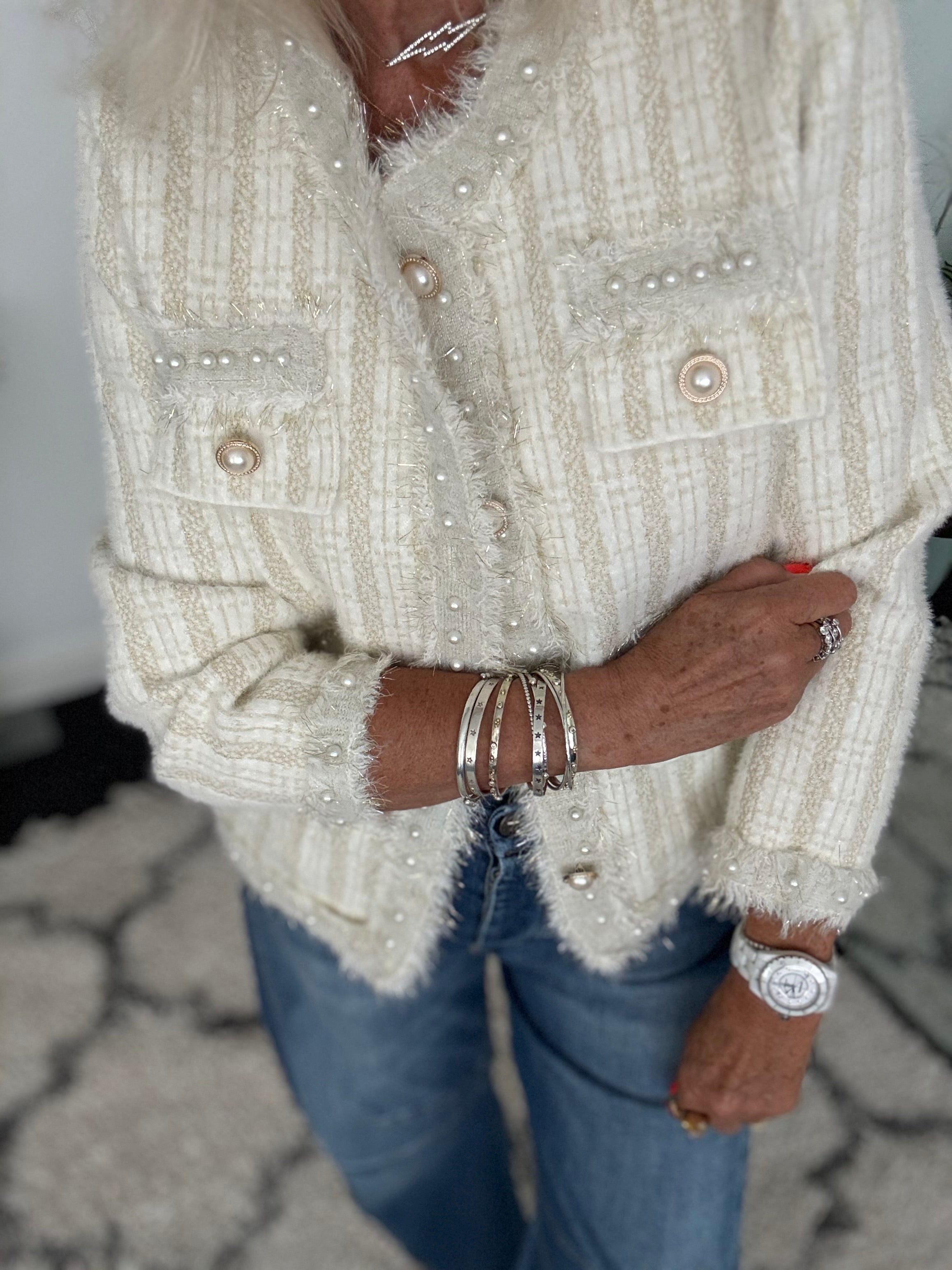 Pearl Button & Tweed Cardi Jacket in Ivory & Gold