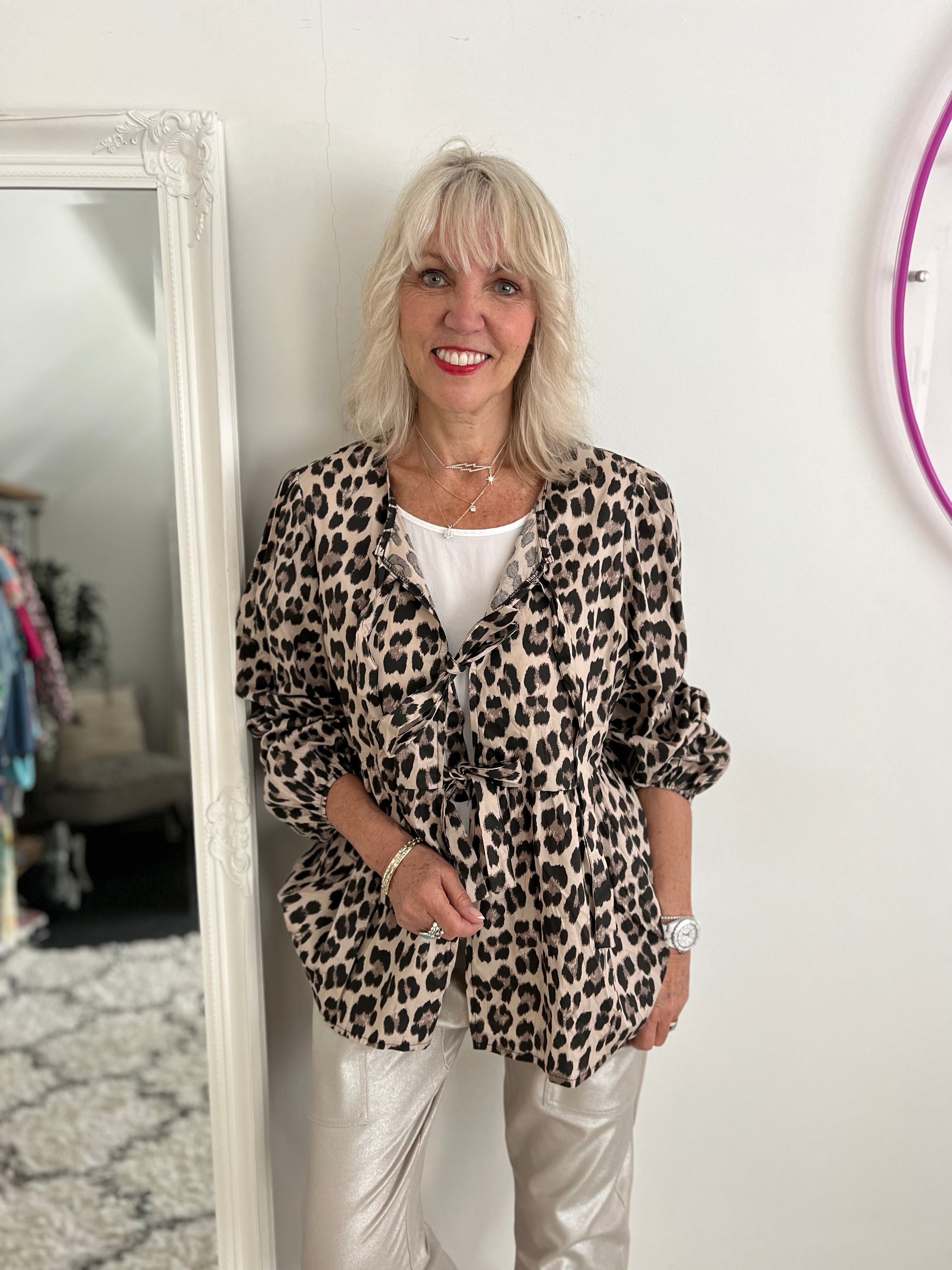 Leopard Tie Front Blouse in Stone