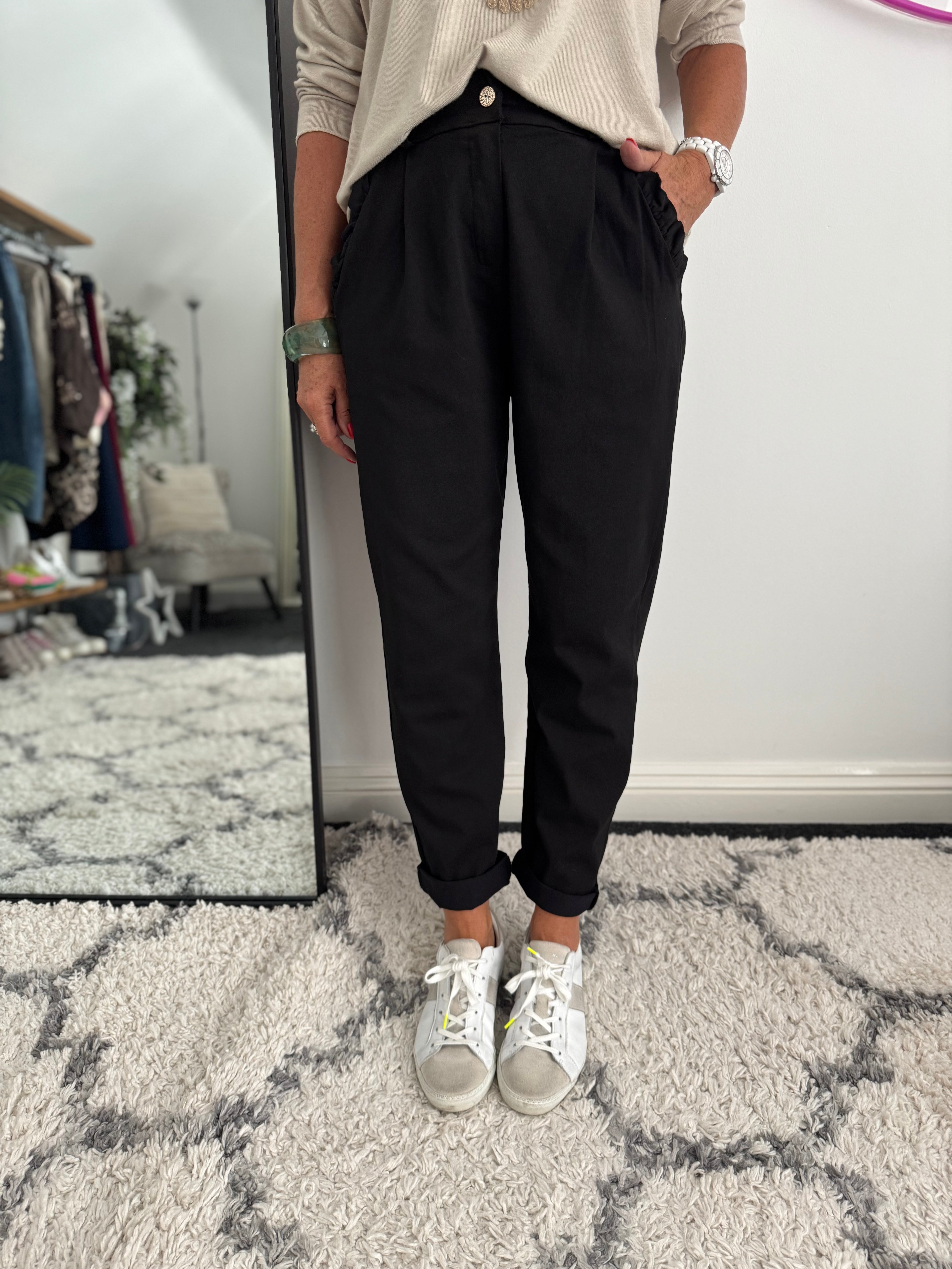 Luxe Stretch Trousers with Ruffle Pocket in Black