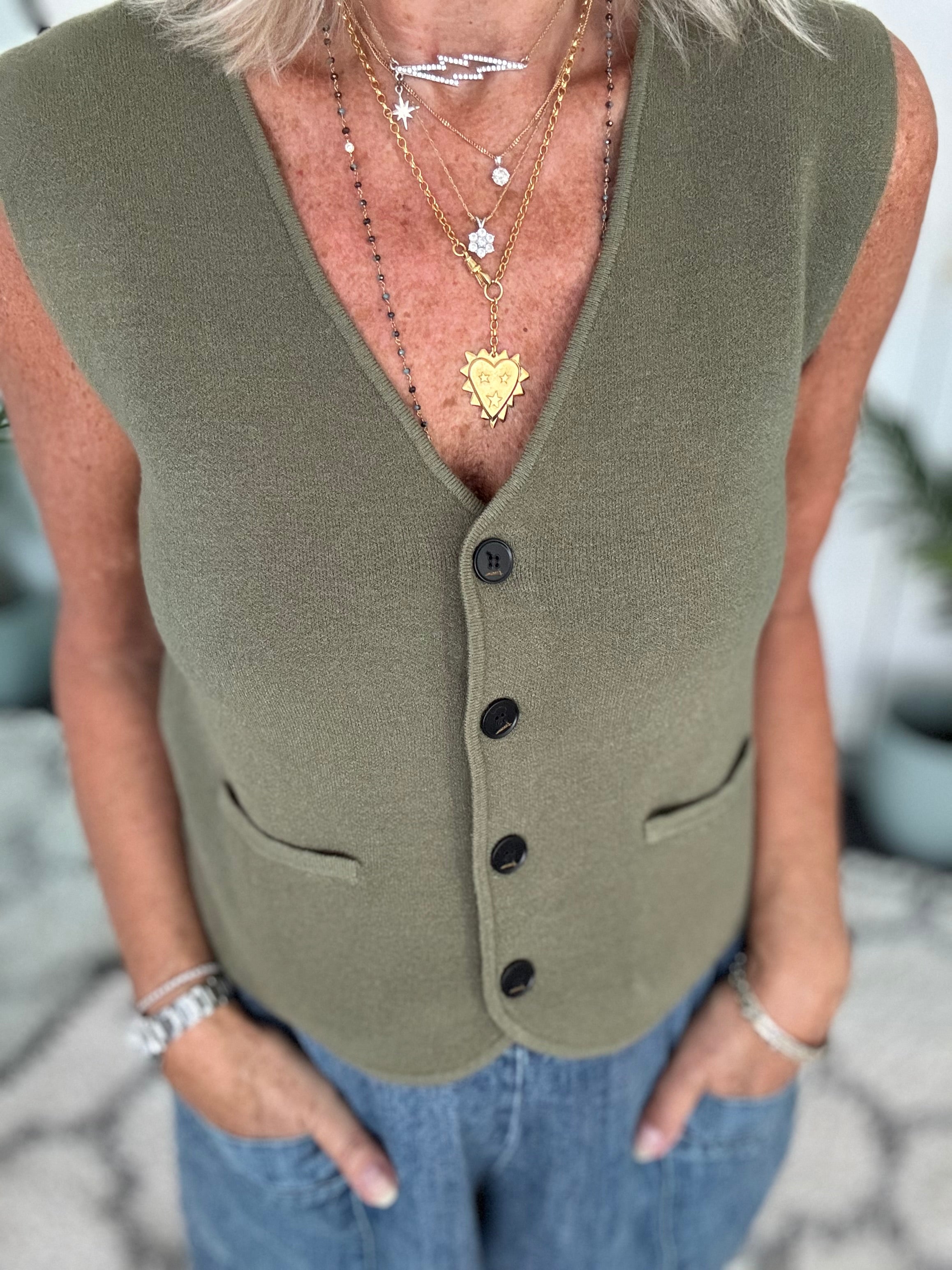 Knitted Waistcoat in Khaki