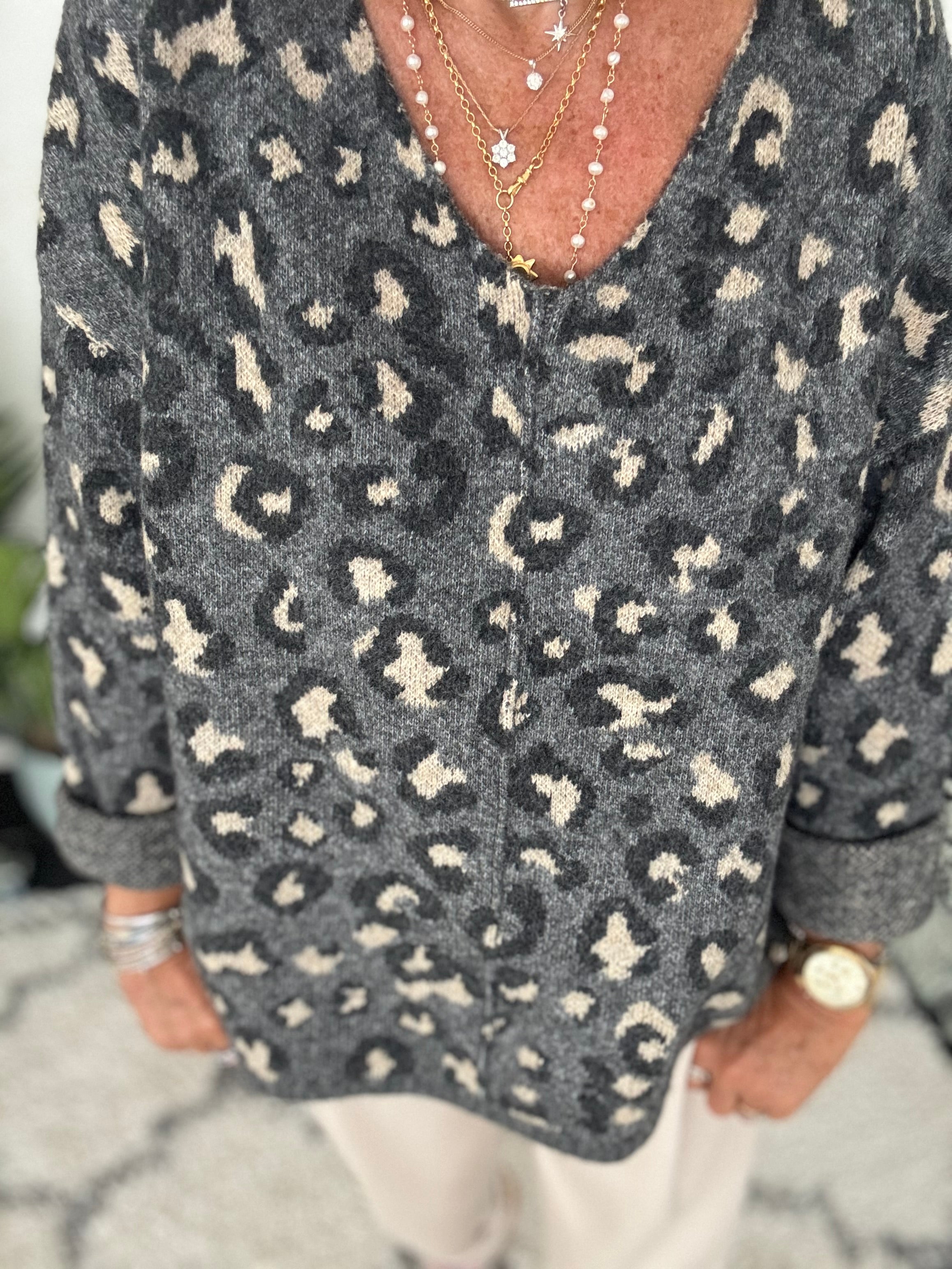 Seam Front V Neck Jumper in Grey Leopard