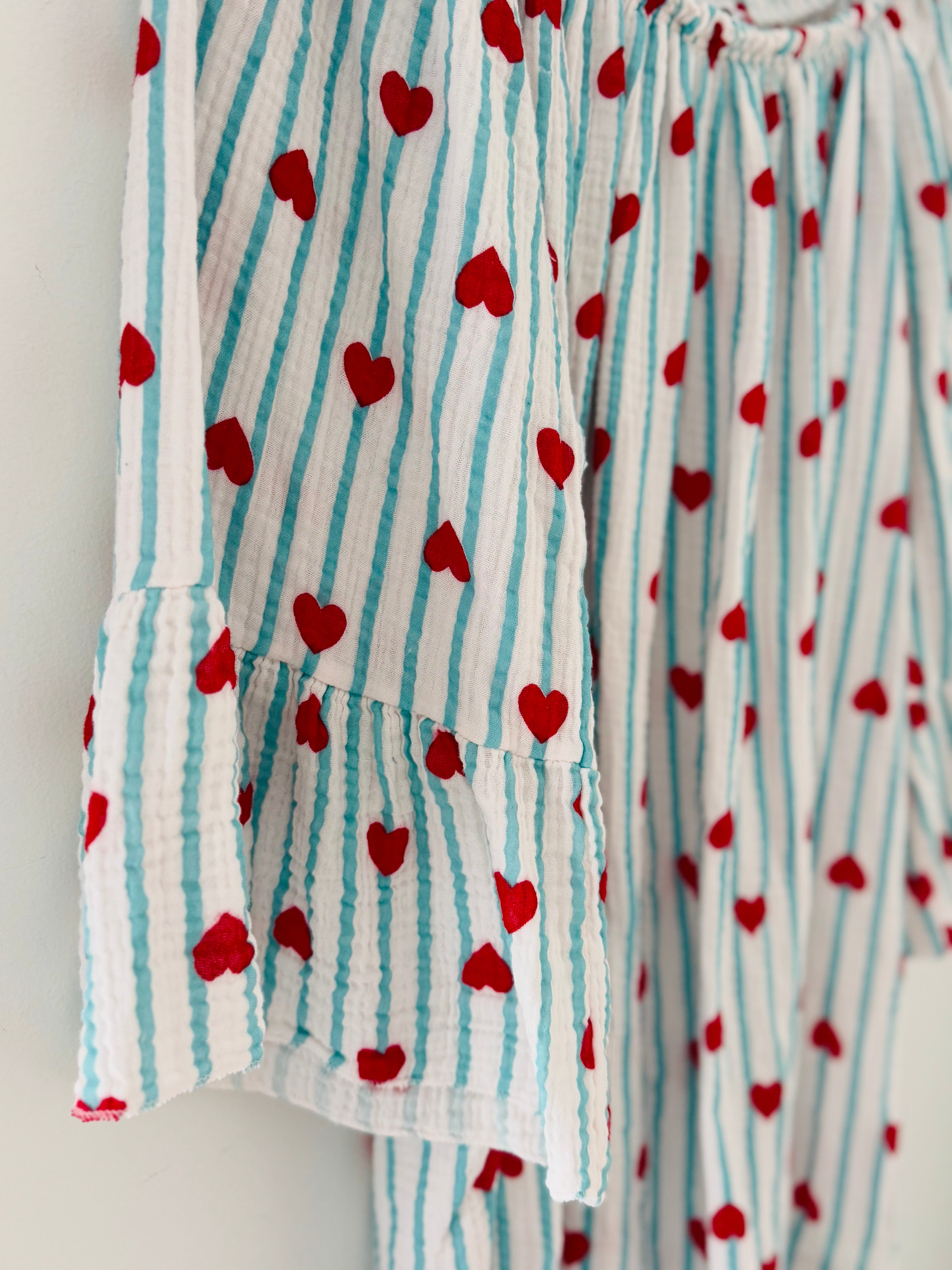 Cheesecloth Bardot Top in Aqua & Red Hearts