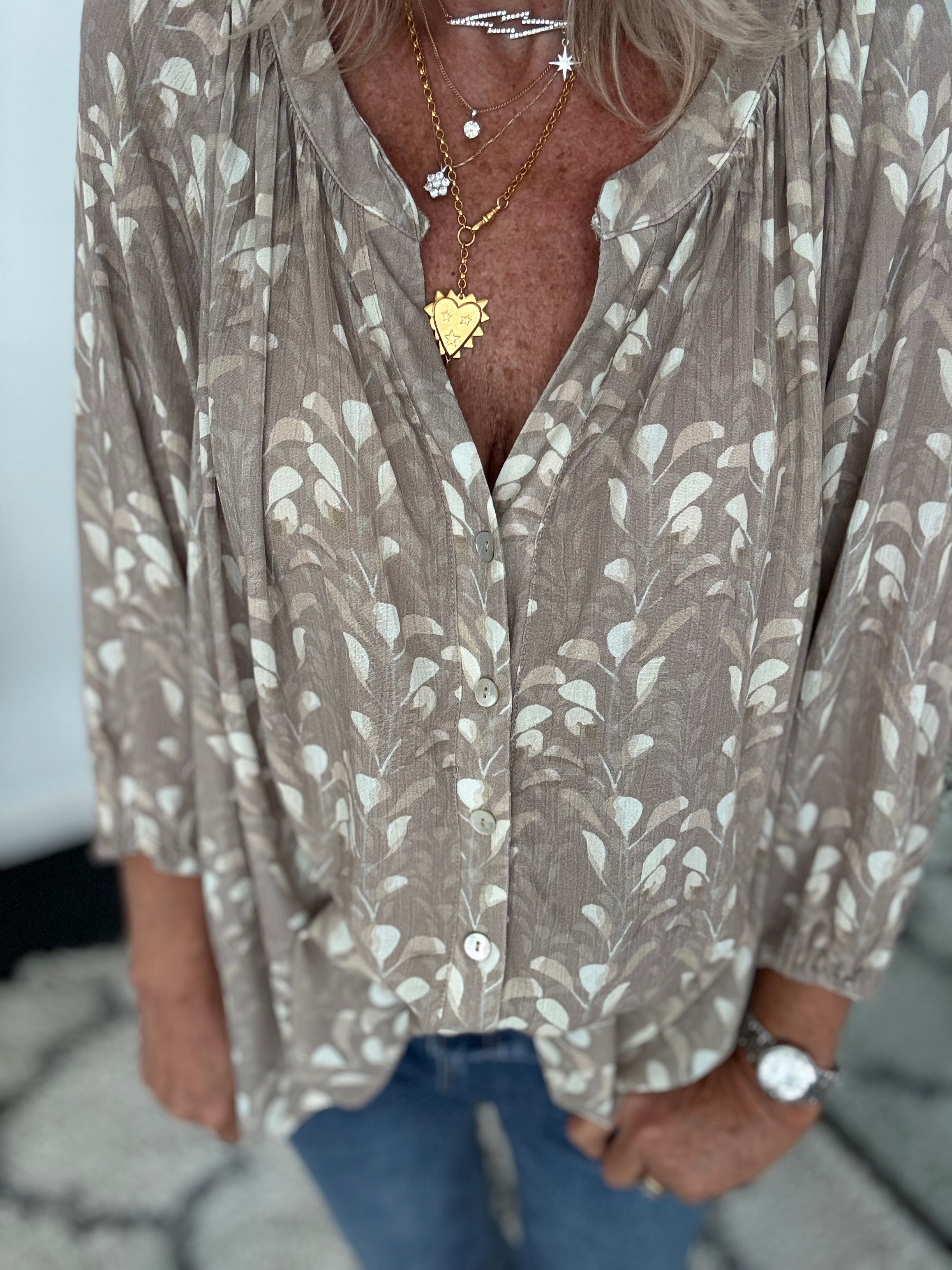 Leaf Print Blouse in Mocha