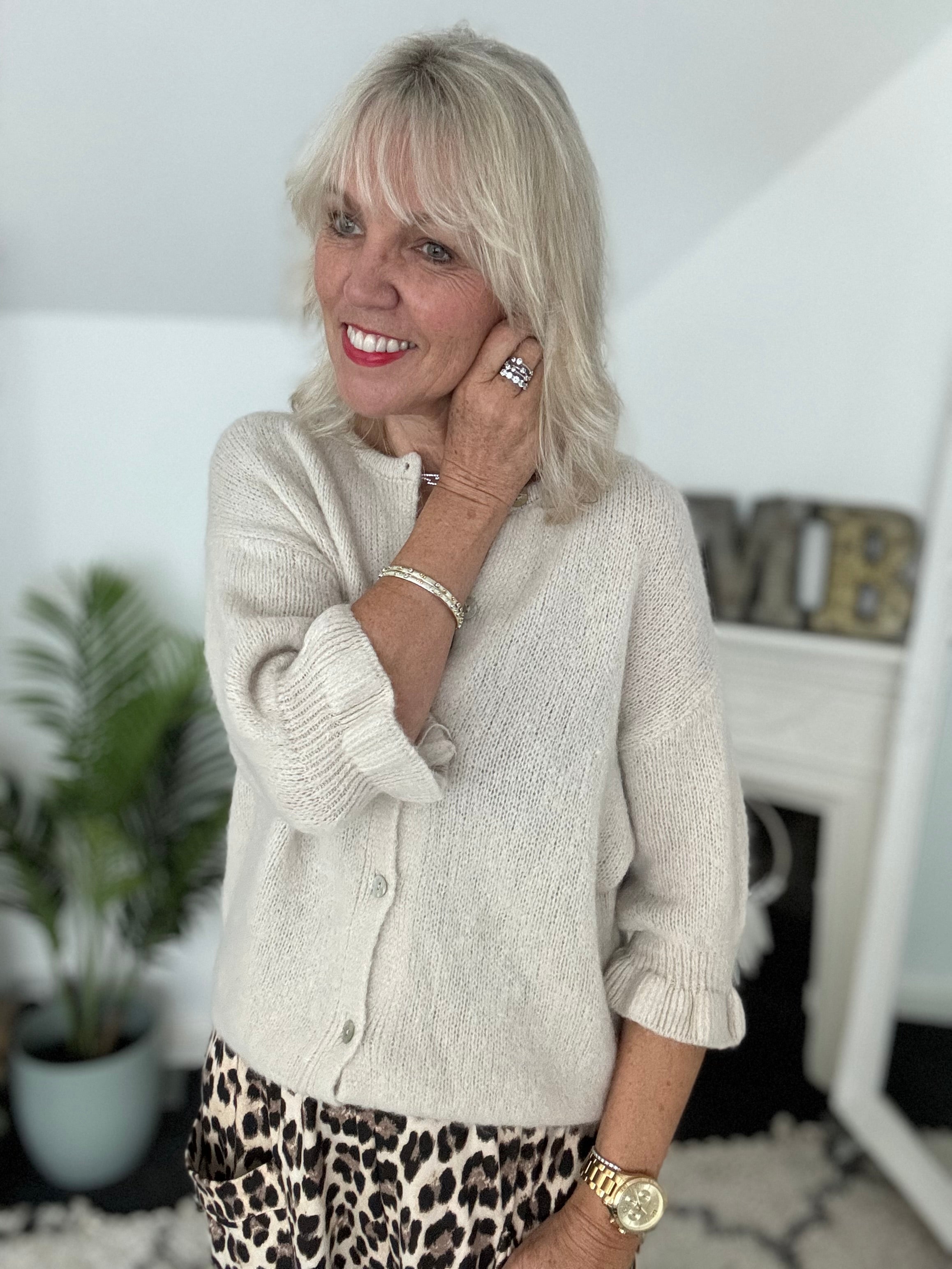 Alpaca Cardi with Frill Cuffs in Ecru