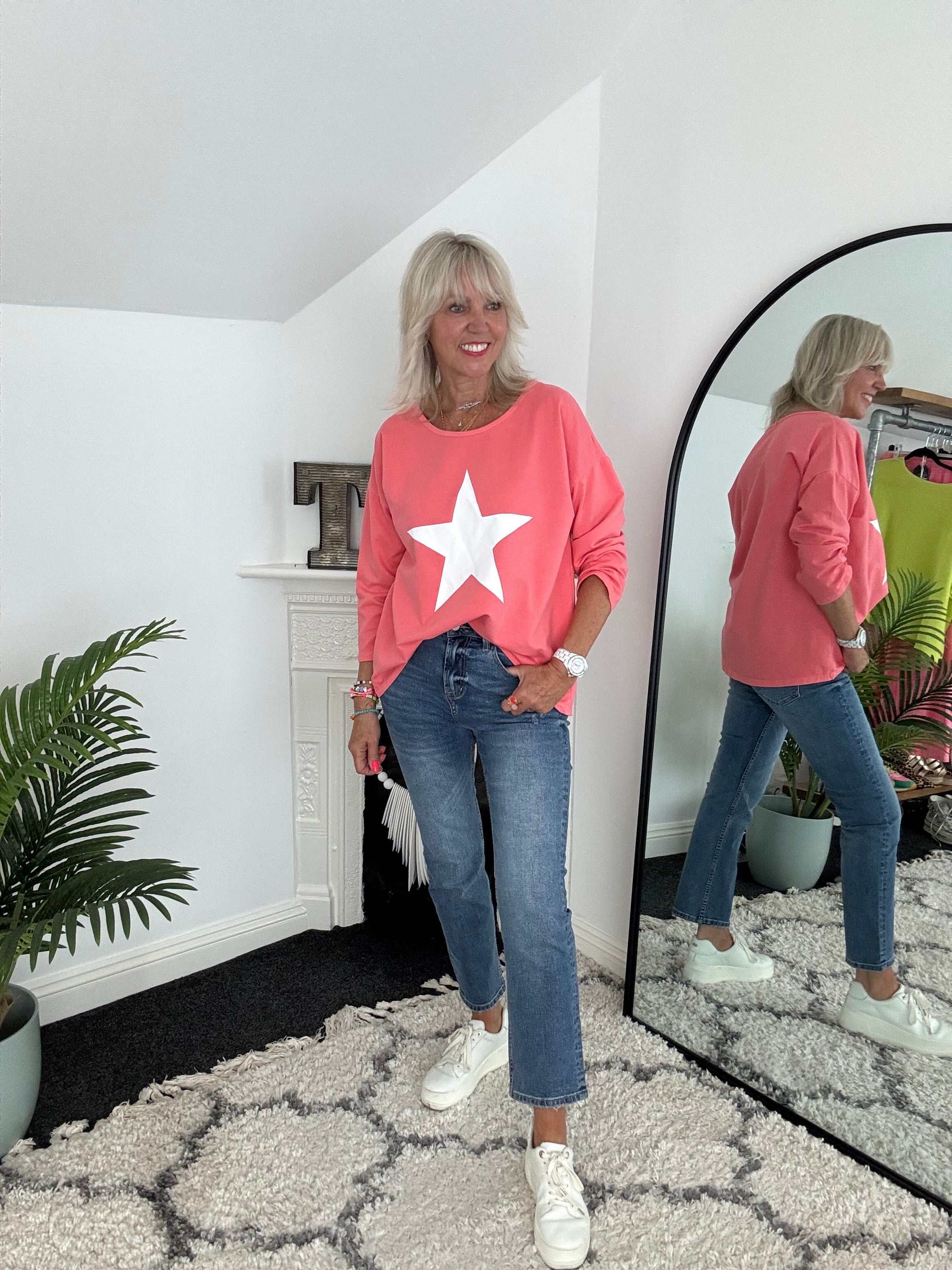 Scoop Neck Cotton Star Top in Coral
