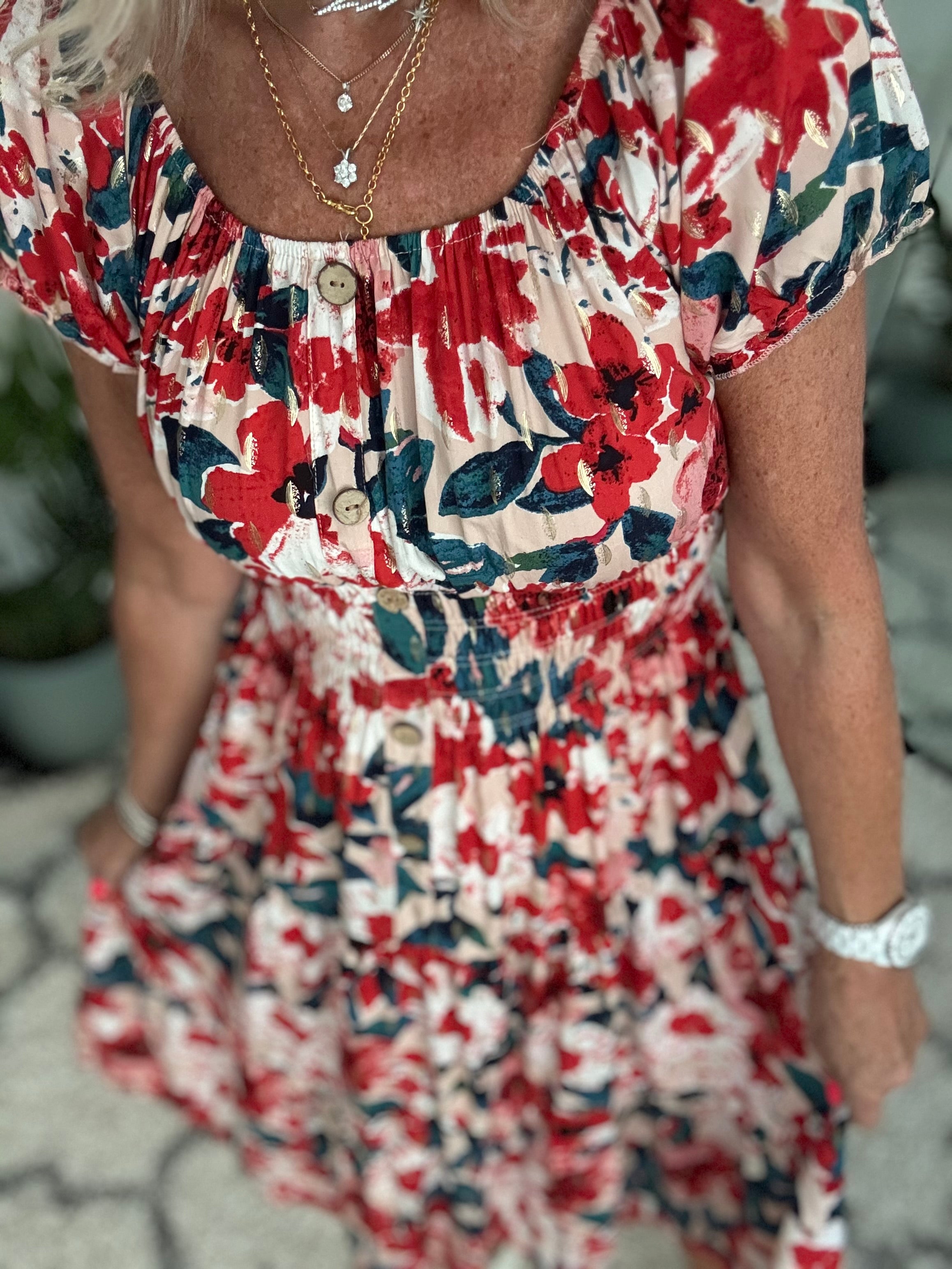 Bardot Dress in Poppy & Teal