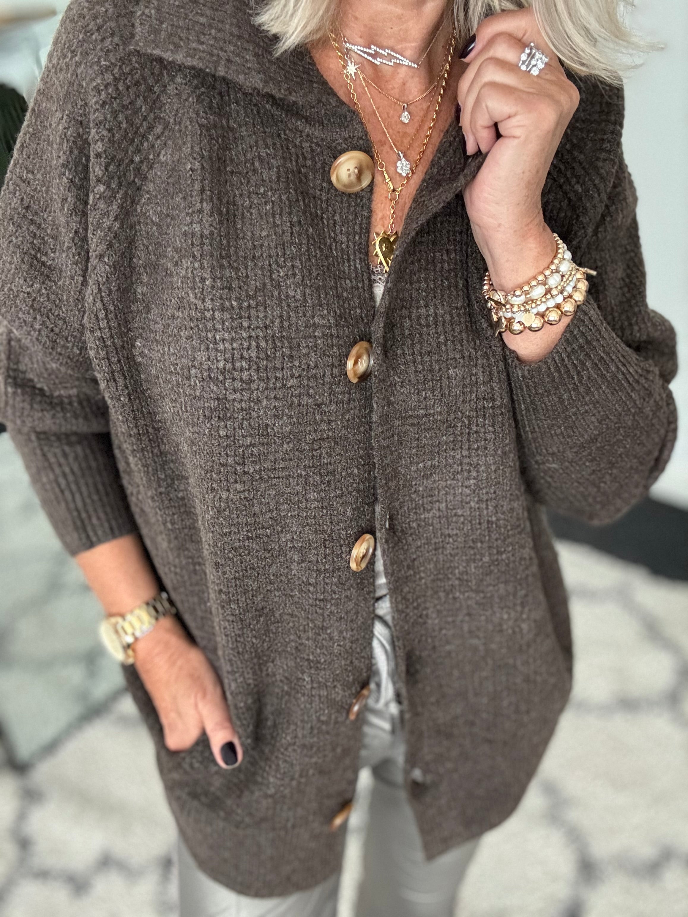 Fisherman Rib Knitted Jacket in Soft Chocolate