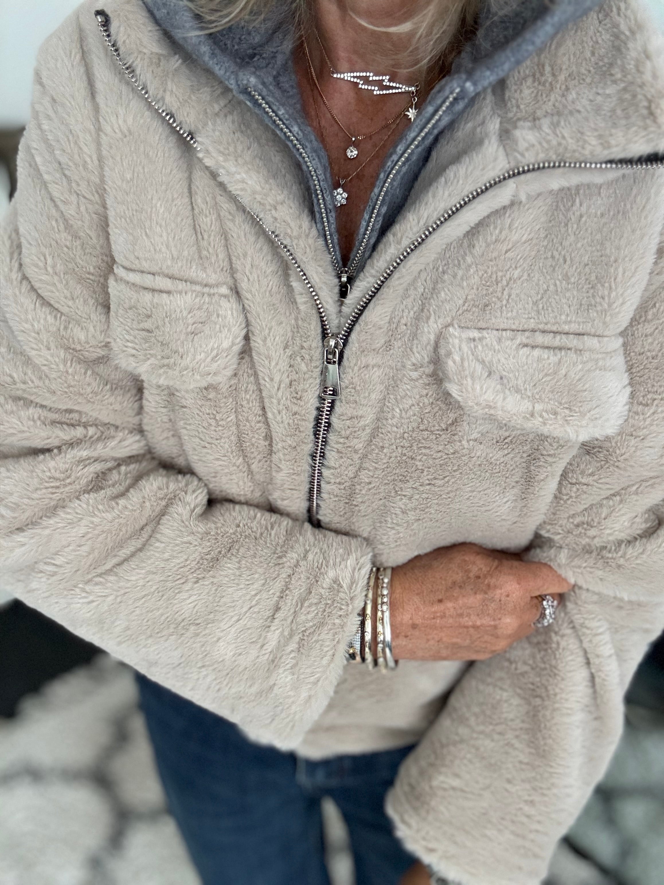 Faux Fur Jacket in Stone