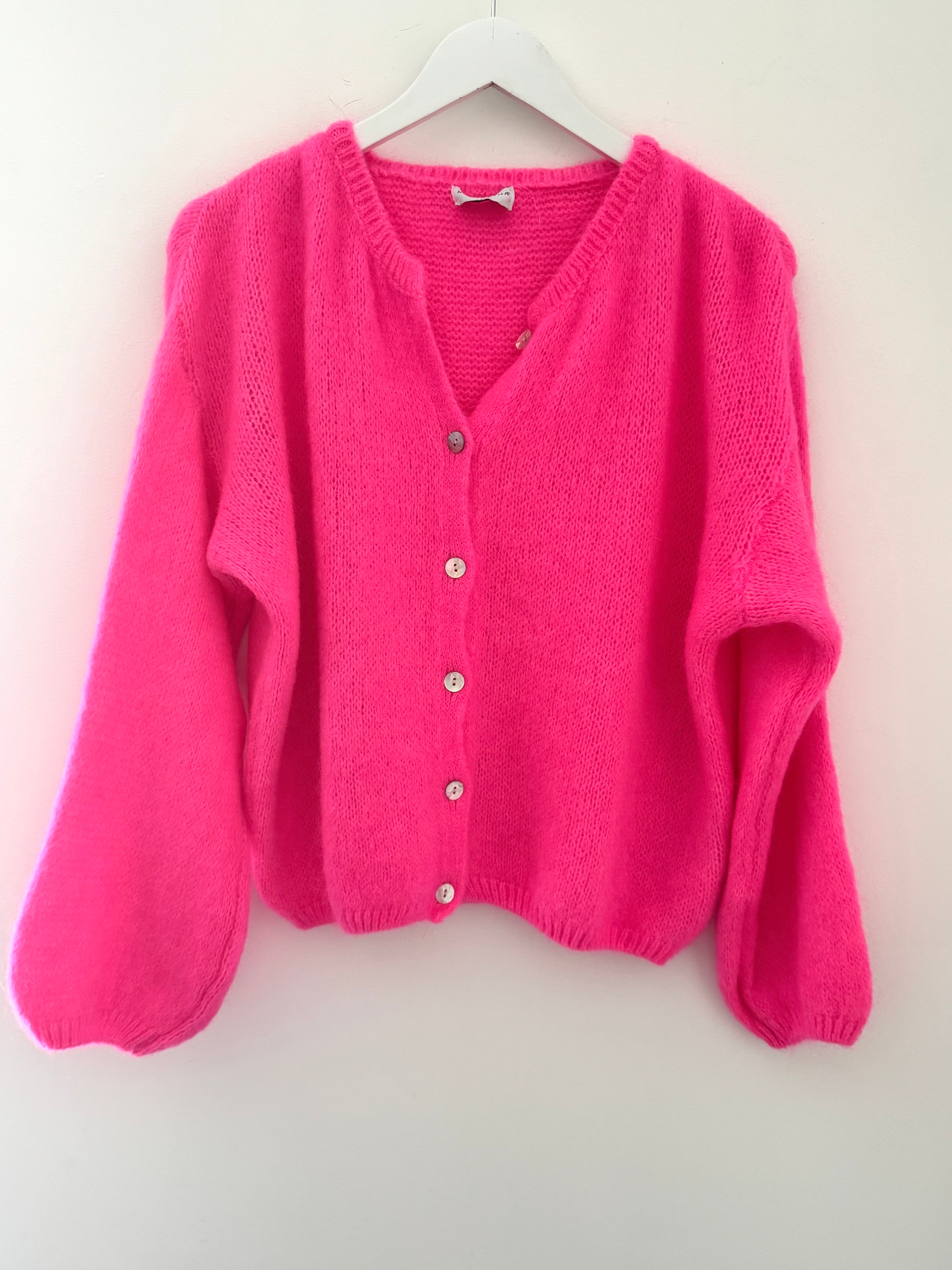 Mohair Buttoned Cardi in Neon Pink