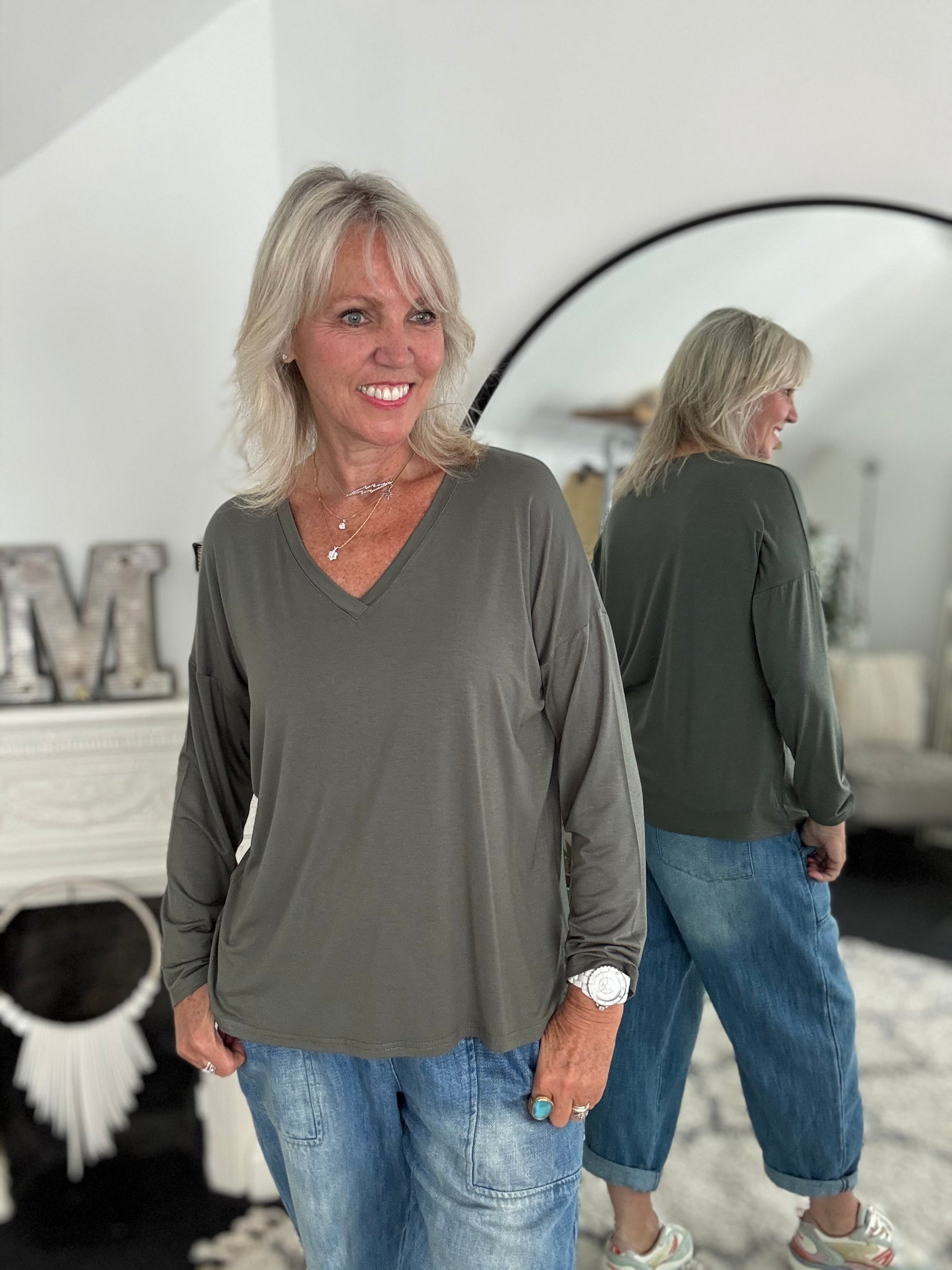 Bamboo Jersey V Neck Top in Khaki