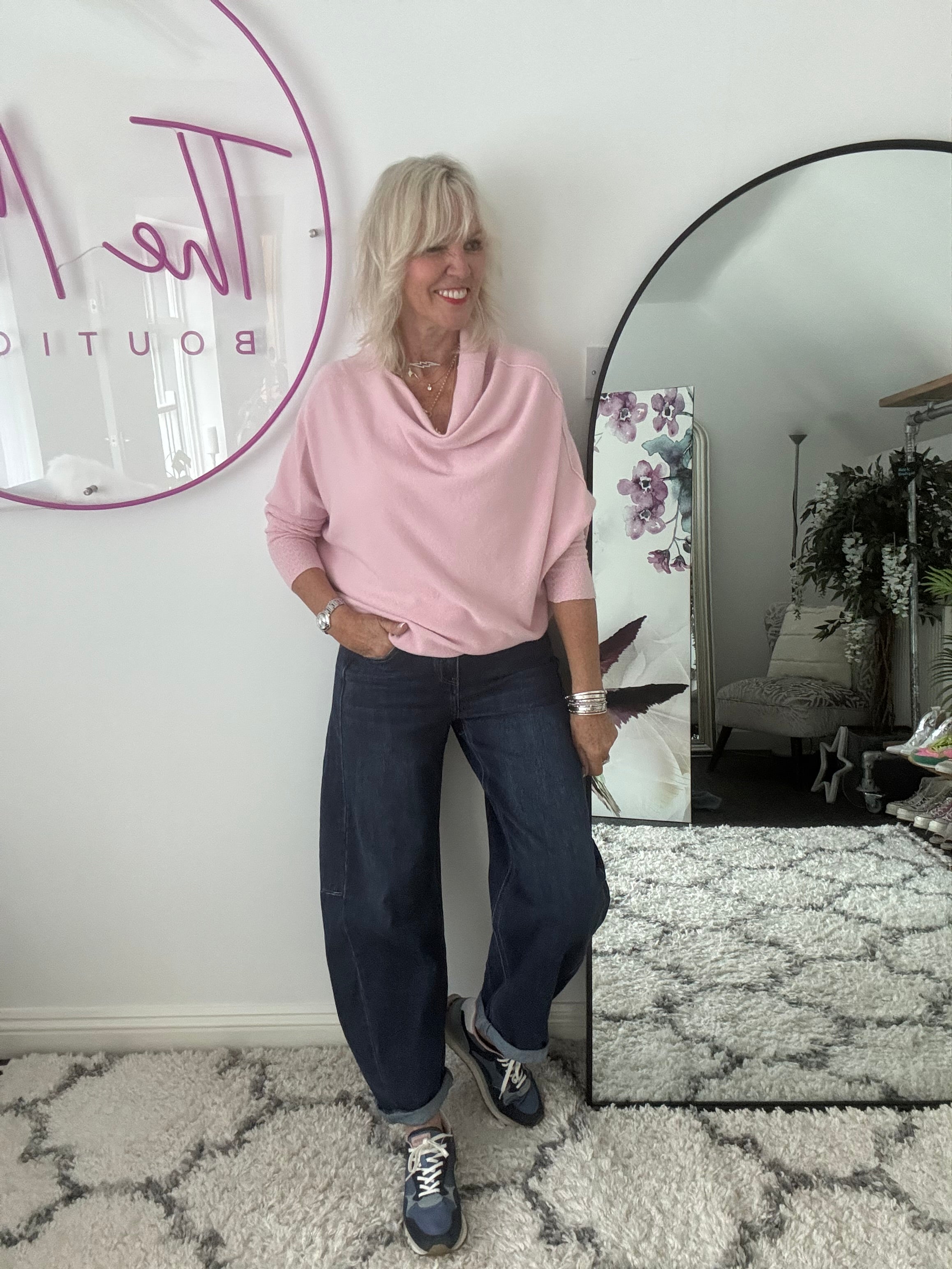 Cowl Neck Asymmetric Jumper in Baby Pink