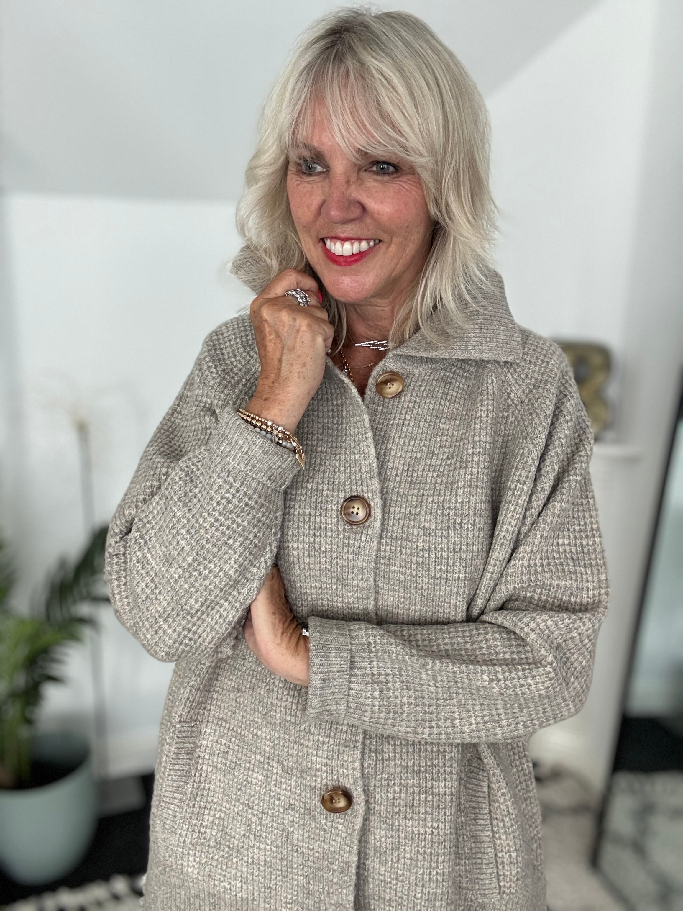 Fisherman Rib Knitted Jacket in Stone