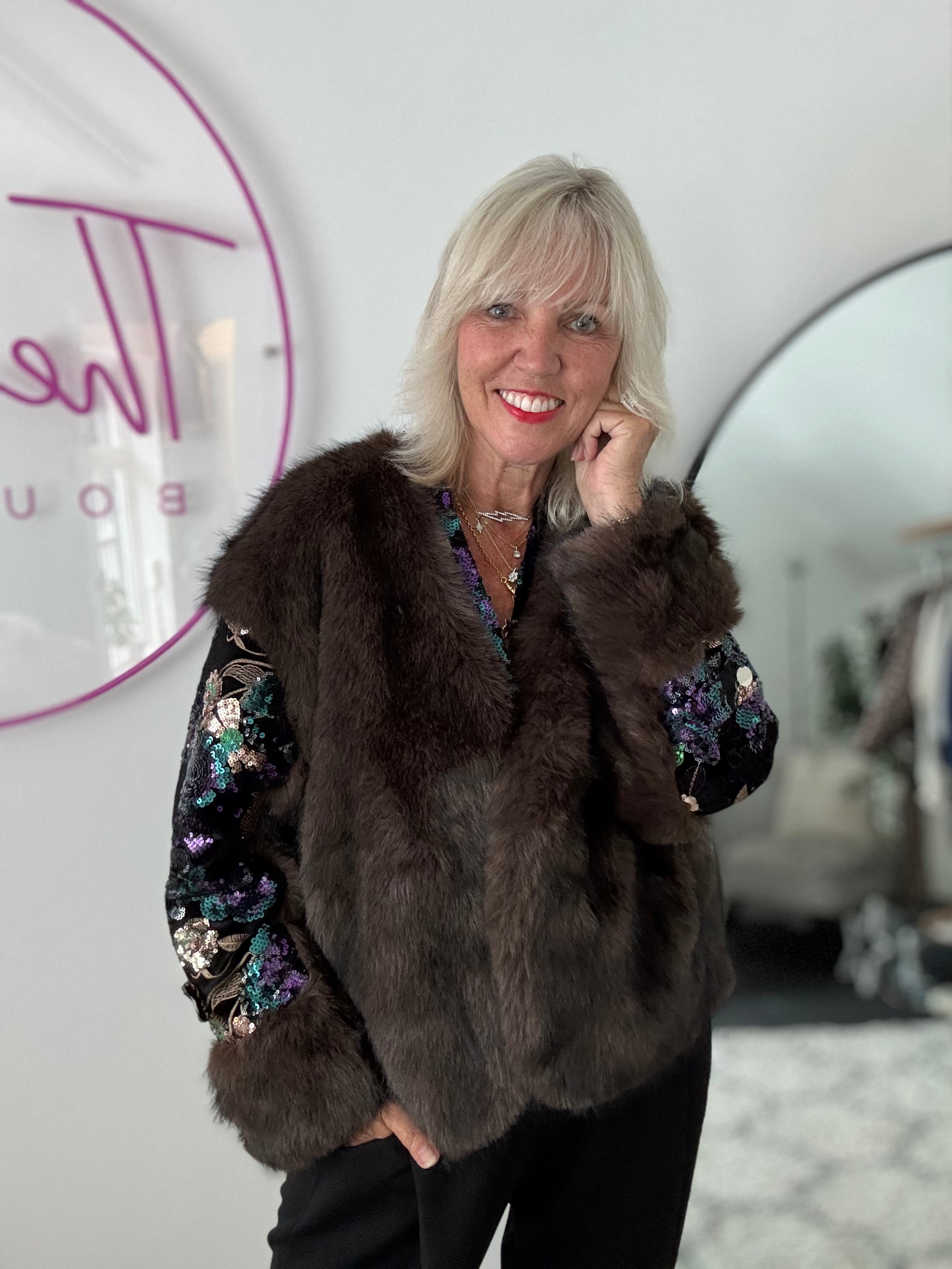 Faux Fur Jacket with Sequin Sleeves