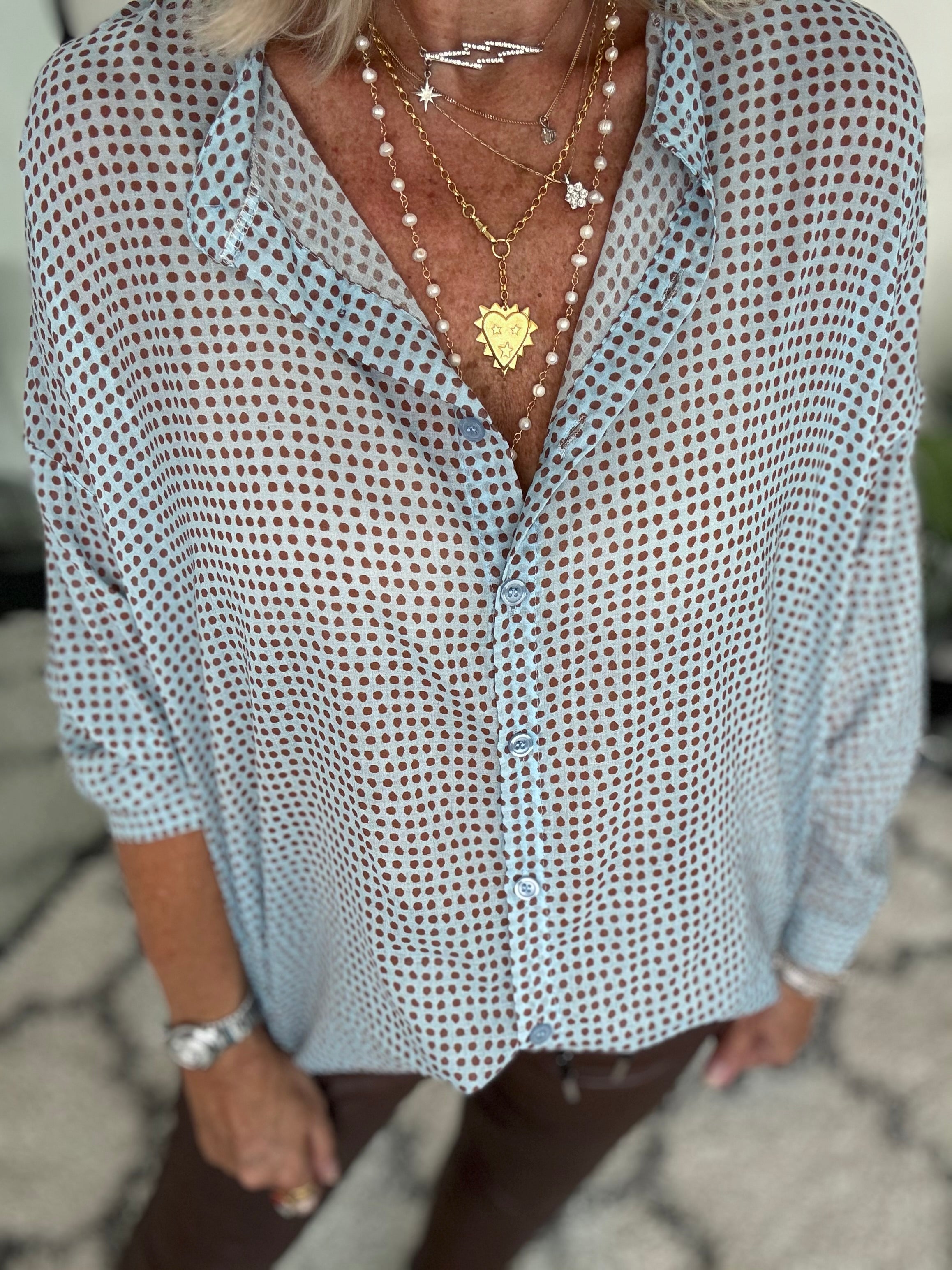 Lawn Cotton Dotty Shirt in Blue & Cocoa