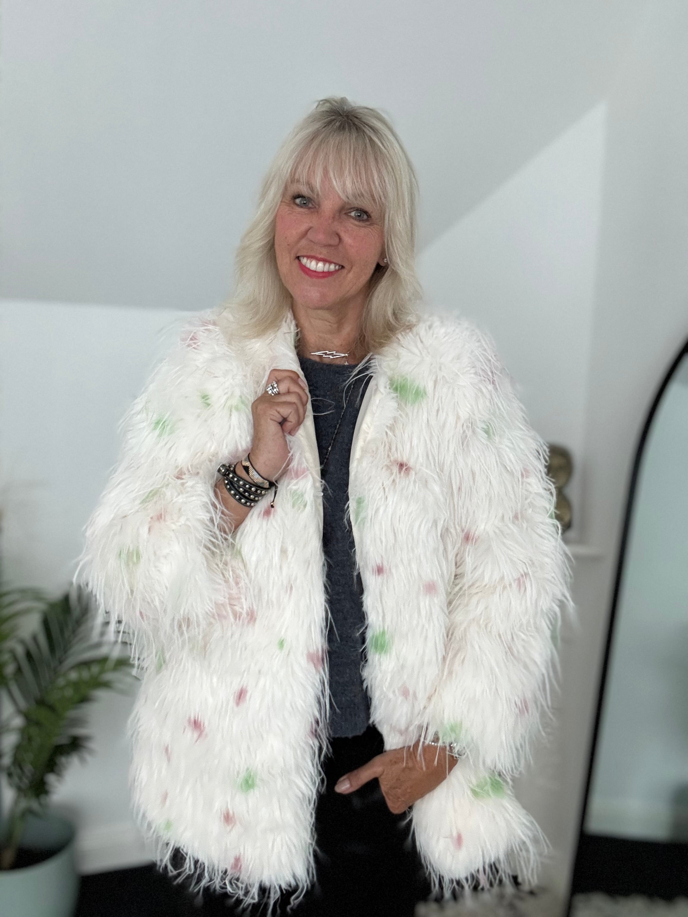 Faux Fur Spot Jacket in Pink & Green