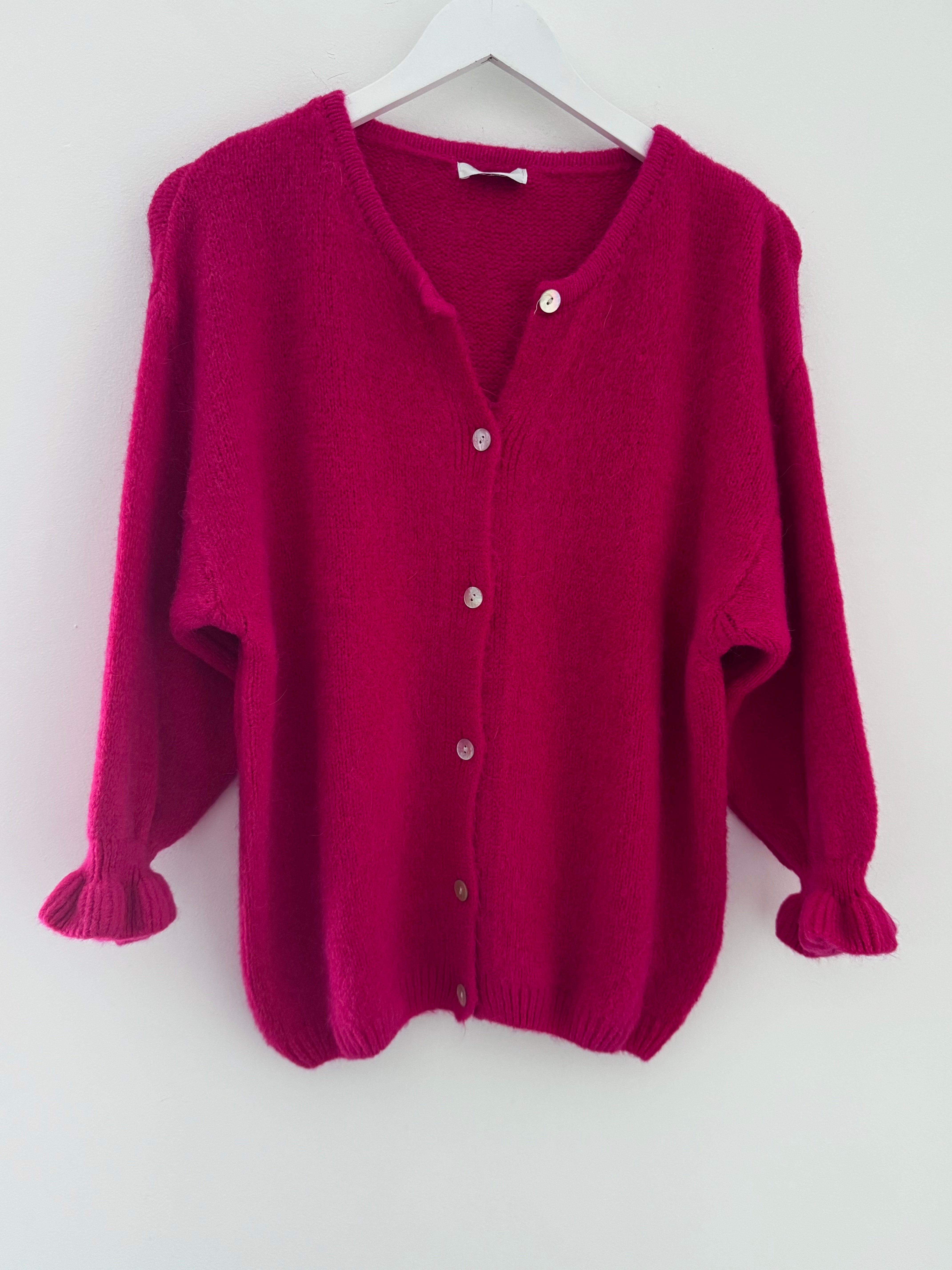 Alpaca Cardi with Frill Cuffs in Raspberry