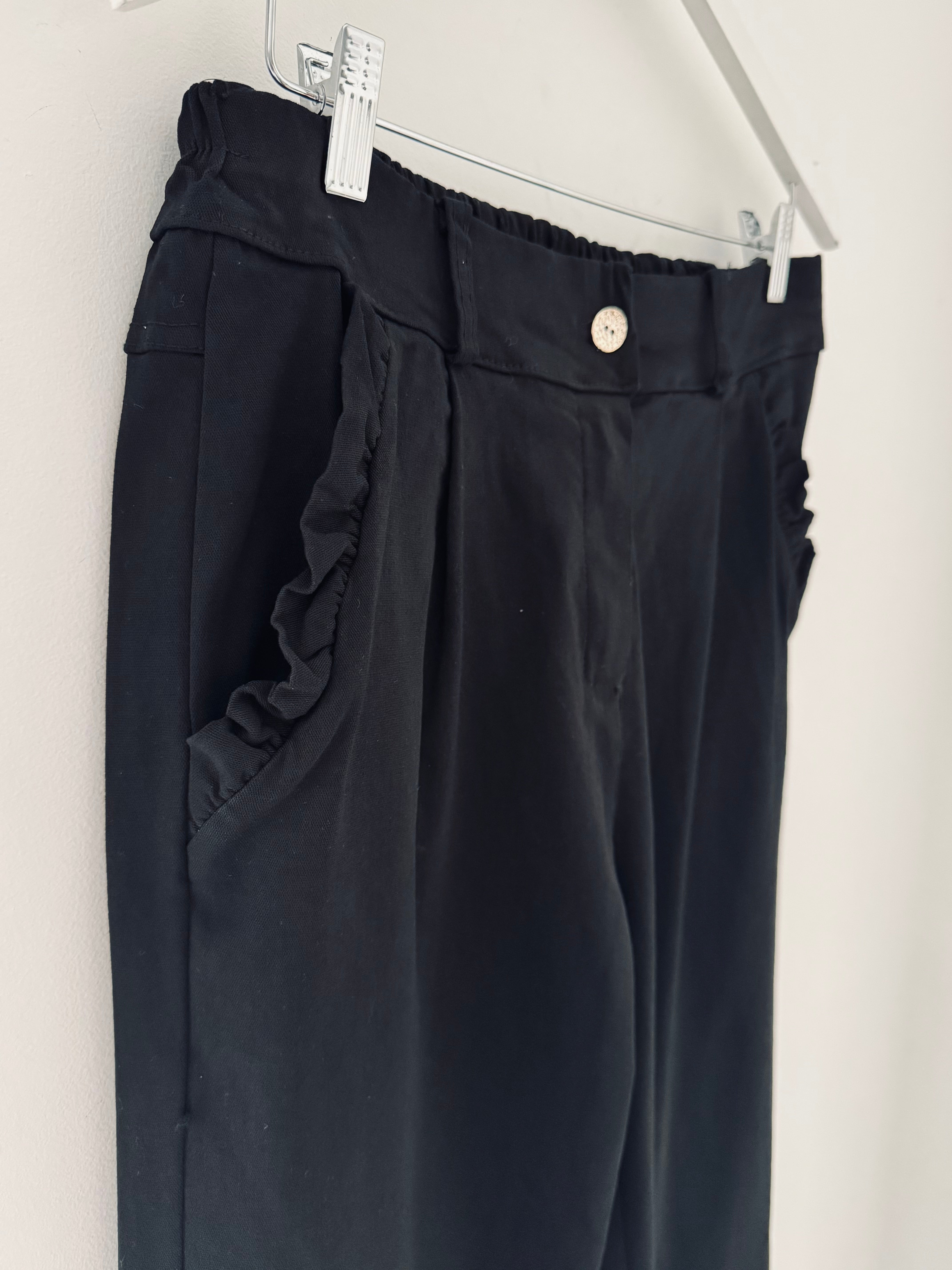 Luxe Stretch Trousers with Ruffle Pocket in Black